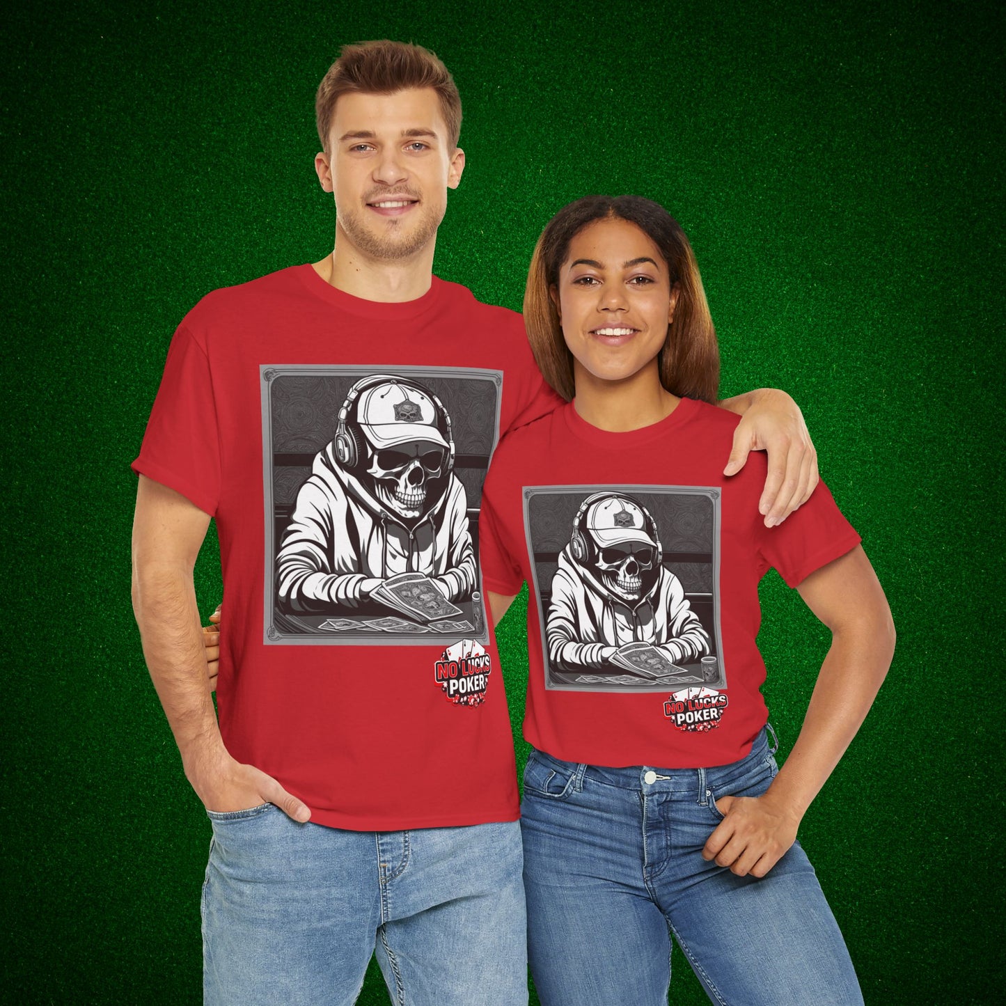 Poker Skull in hoodie and headphones unisex heavy cotton T-shirt No Lucks Given