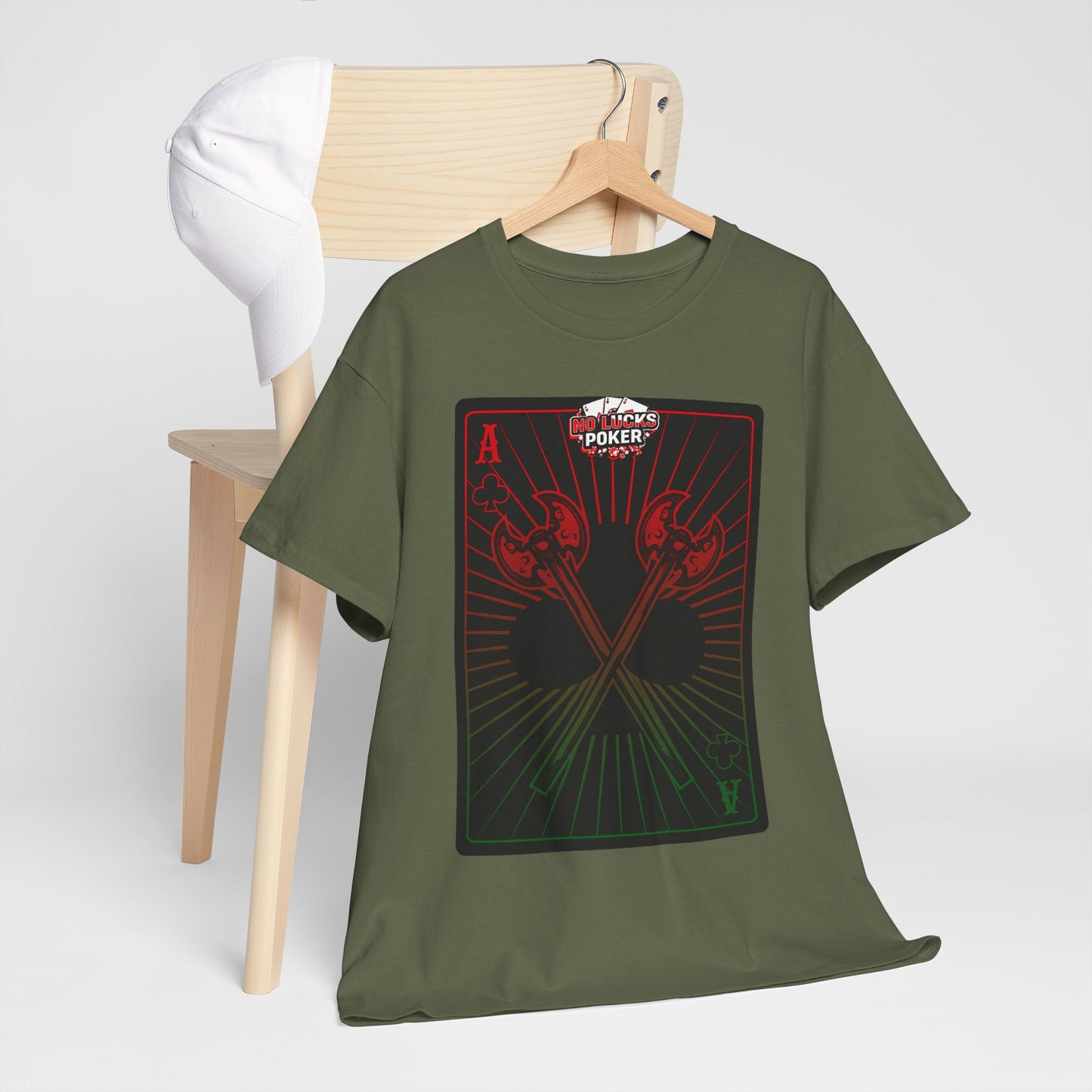 No Lucks Given Ace of Clubs card with two big axes Red Green Poker T-Shirt Must have Good Luck All-in