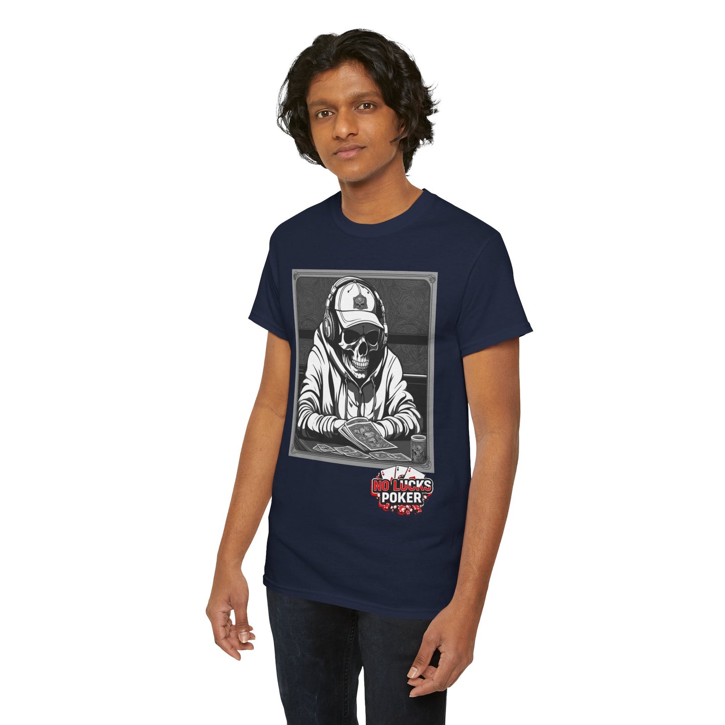 Poker Skull in hoodie and headphones unisex heavy cotton T-shirt No Lucks Given