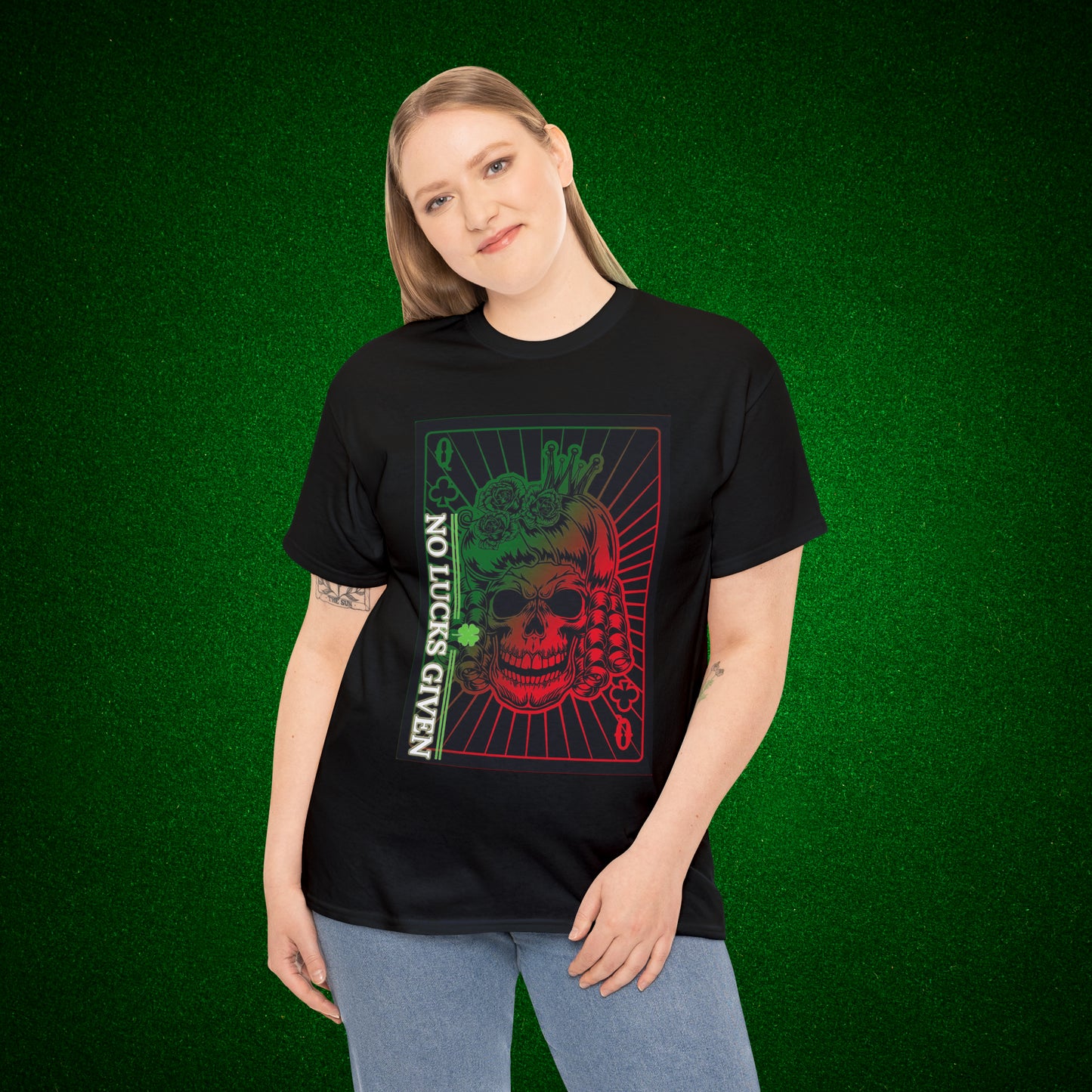 No Lucks Given Angry Queen of Clubs Green Red Poker T-Shirt Must have Good Luck All-in