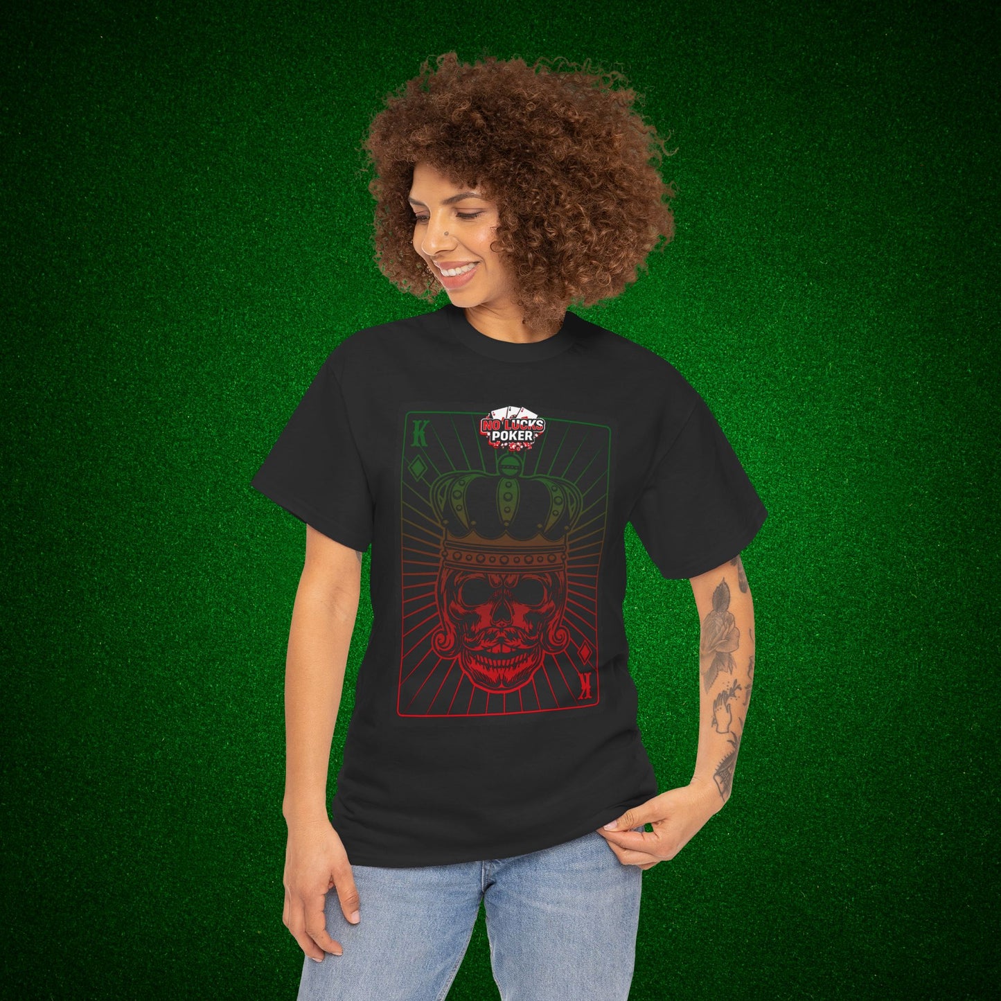 No Lucks Given Royal Skull King of Diamonds Red and Green Poker T-Shirt Must have Good Luck All-in