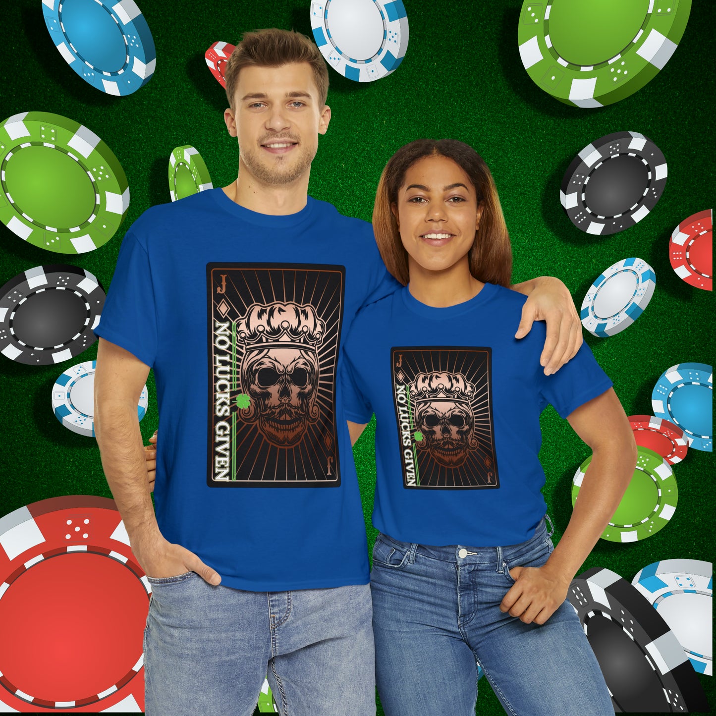 No Lucks Given Jack Skull in Crown of Diamonds Copper Poker T-Shirt Must have Good Luck All-in