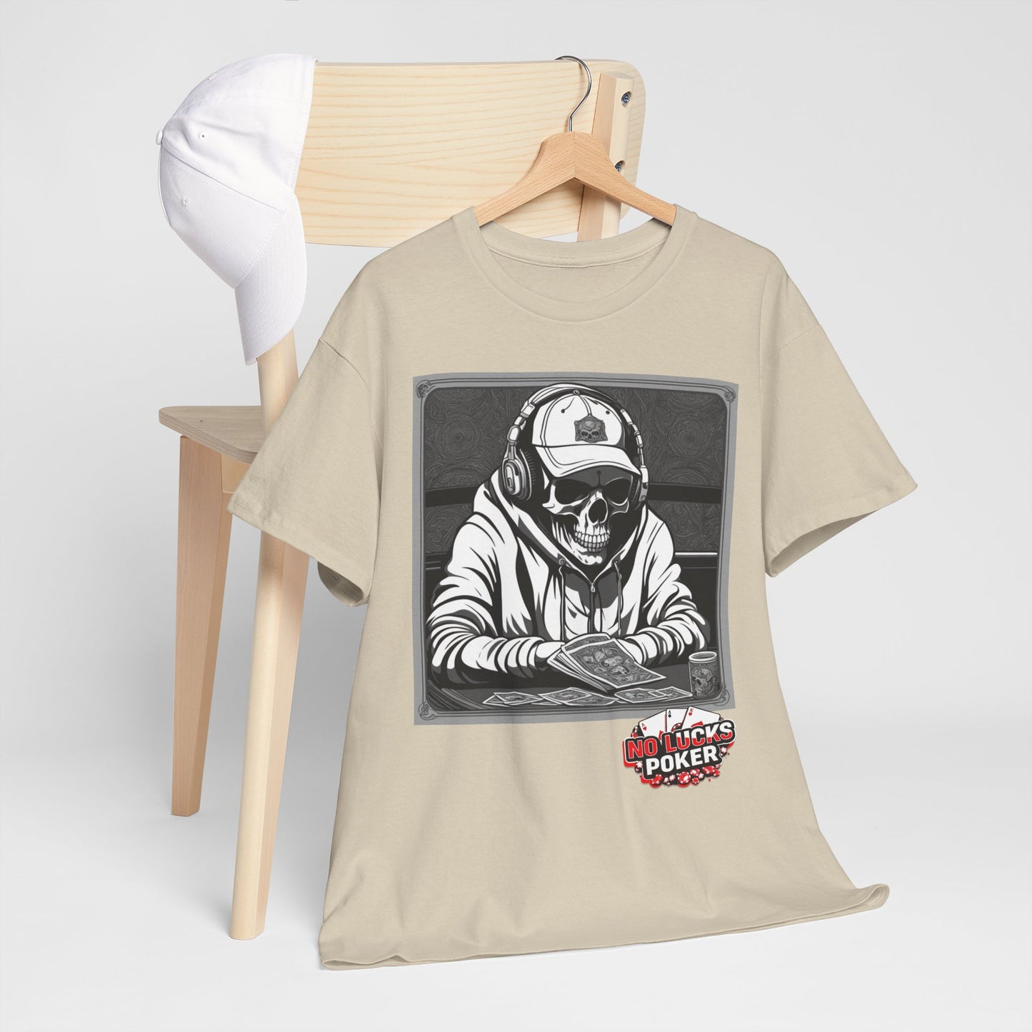 Poker Skull in hoodie and headphones unisex heavy cotton T-shirt No Lucks Given