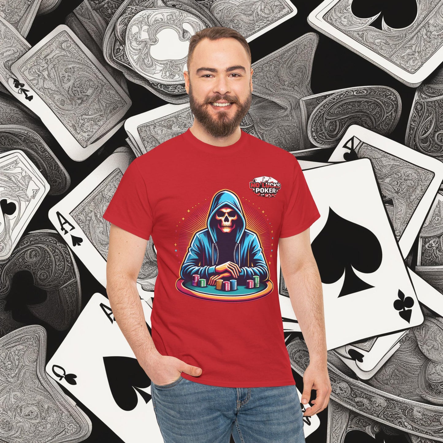 Poker Player with Skull at Poker Table 0 Lucks Given Unisex heavy cotton tee Poker Apparel