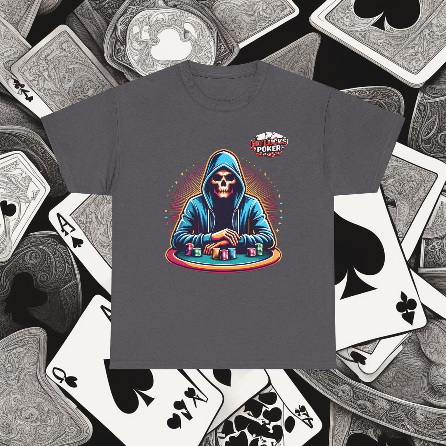 Poker Player with Skull at Poker Table 0 Lucks Given Unisex heavy cotton tee Poker Apparel