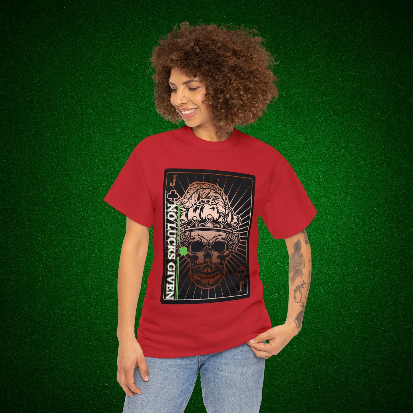 No Lucks Given Jack Skull in Crown of Clubs Copper Poker T-Shirt Must have Good Luck All-in