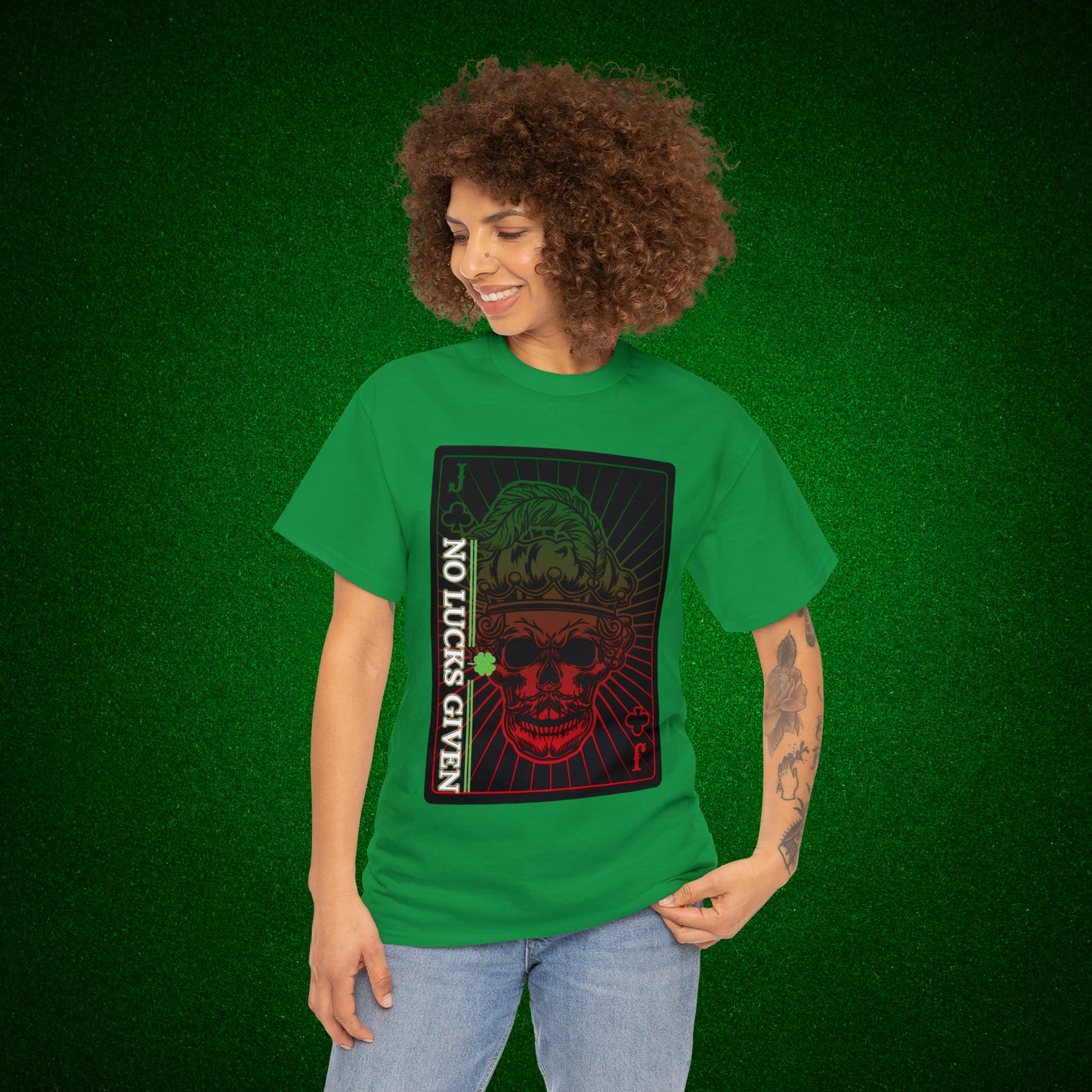 No Lucks Given Jack Skull in Crown of Clubs Green Red Poker T-Shirt Must have Good Luck All-in