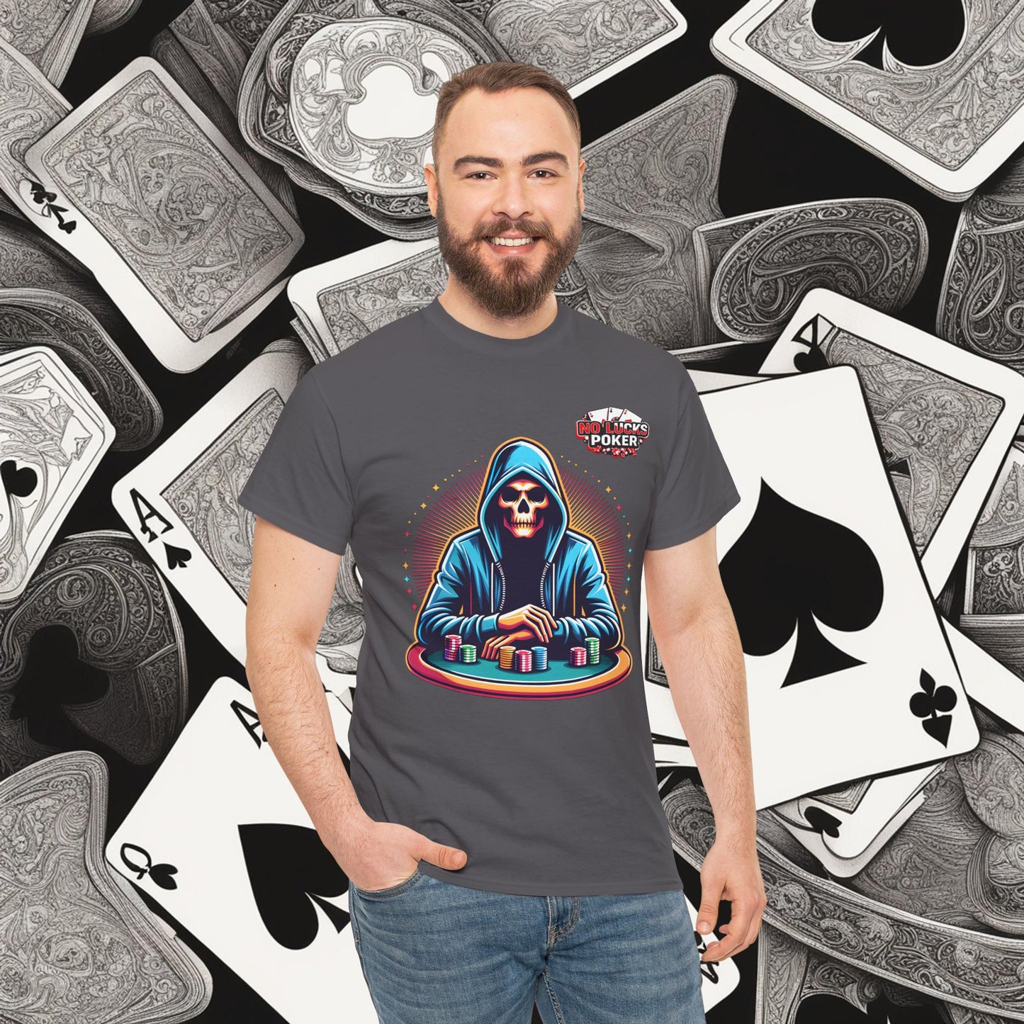 Poker Player with Skull at Poker Table 0 Lucks Given Unisex heavy cotton tee Poker Apparel