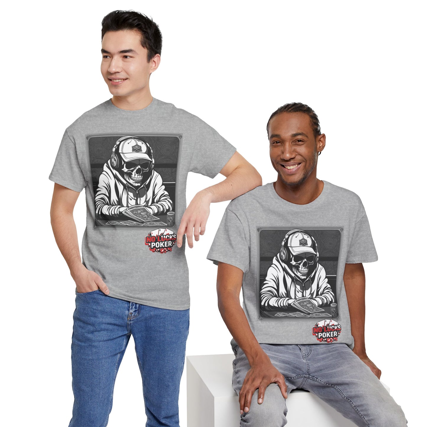 Poker Skull in hoodie and headphones unisex heavy cotton T-shirt No Lucks Given