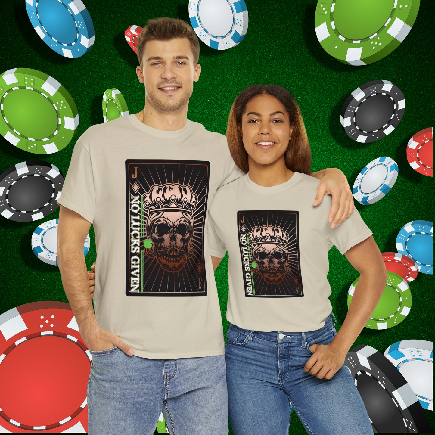 No Lucks Given Jack Skull in Crown of Diamonds Copper Poker T-Shirt Must have Good Luck All-in