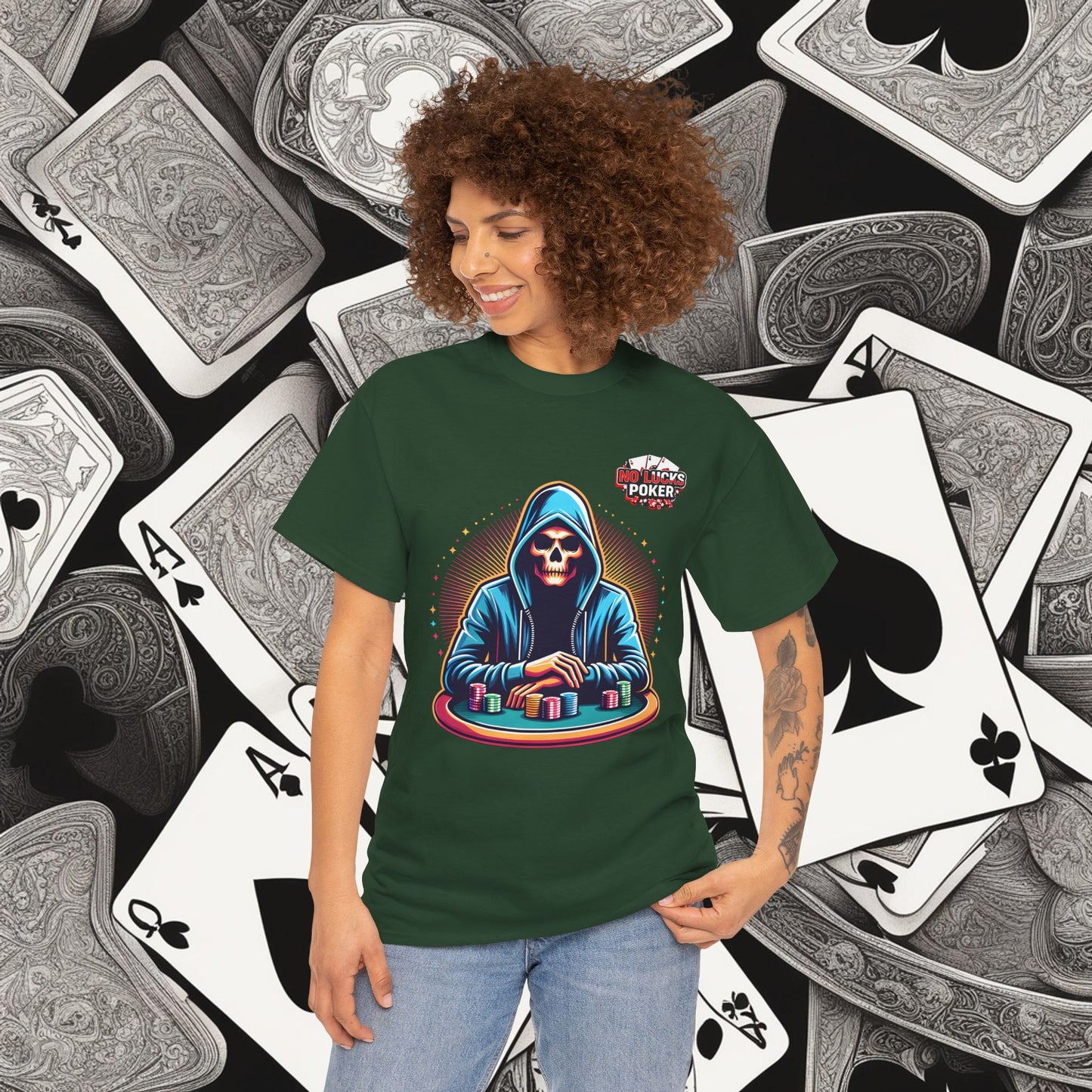 Poker Player with Skull at Poker Table 0 Lucks Given Unisex heavy cotton tee Poker Apparel