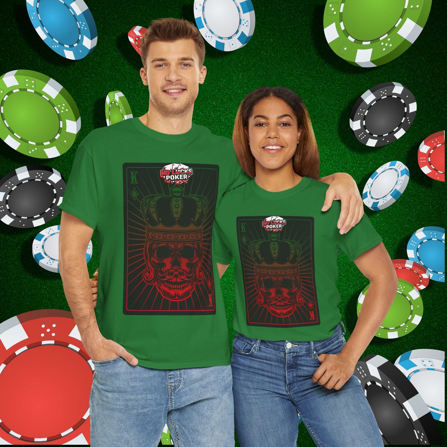 No Lucks Given Royal Skull King of Diamonds Red and Green Poker T-Shirt Must have Good Luck All-in