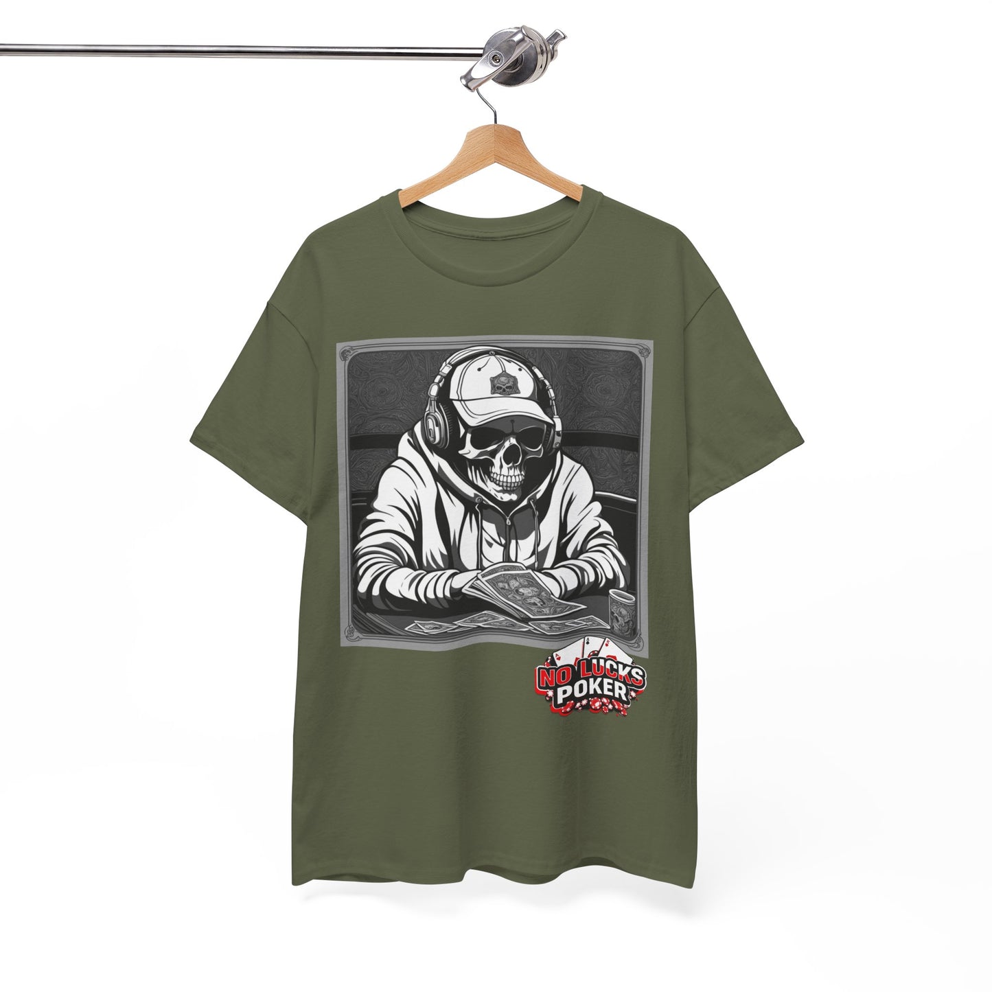 Poker Skull in hoodie and headphones unisex heavy cotton T-shirt No Lucks Given
