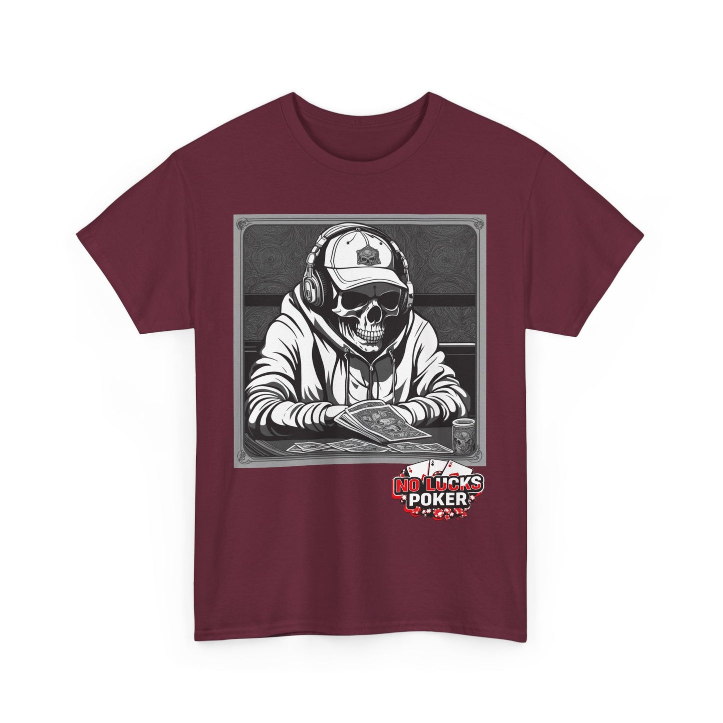 Poker Skull in hoodie and headphones unisex heavy cotton T-shirt No Lucks Given