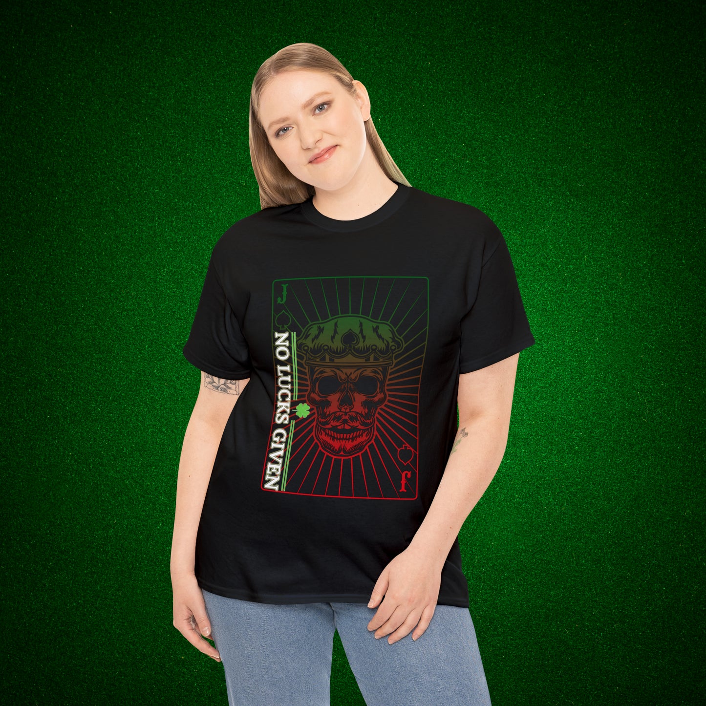 No Lucks Given Jack Skull in Crown of Spades Green Red Poker T-Shirt Must have Good Luck All-in