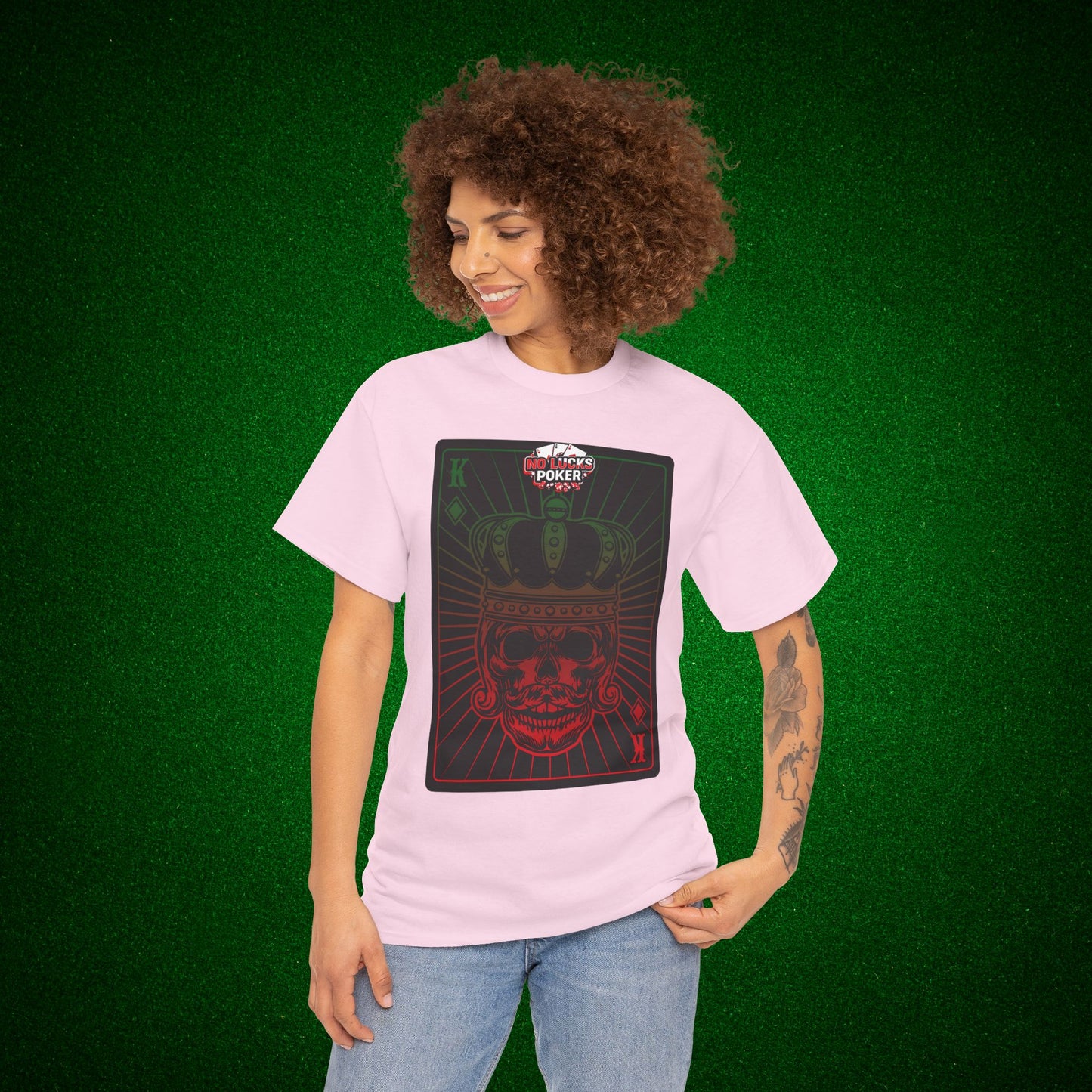 No Lucks Given Royal Skull King of Diamonds Red and Green Poker T-Shirt Must have Good Luck All-in