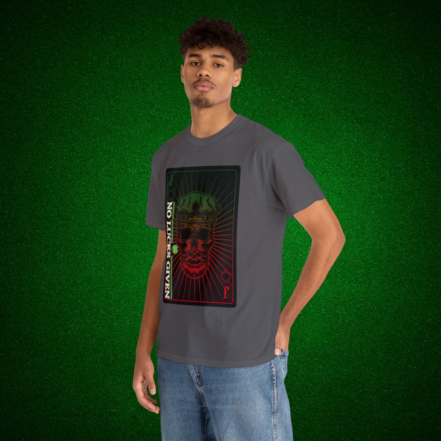 No Lucks Given Jack Skull in Crown of Spades Green Red Poker T-Shirt Must have Good Luck All-in