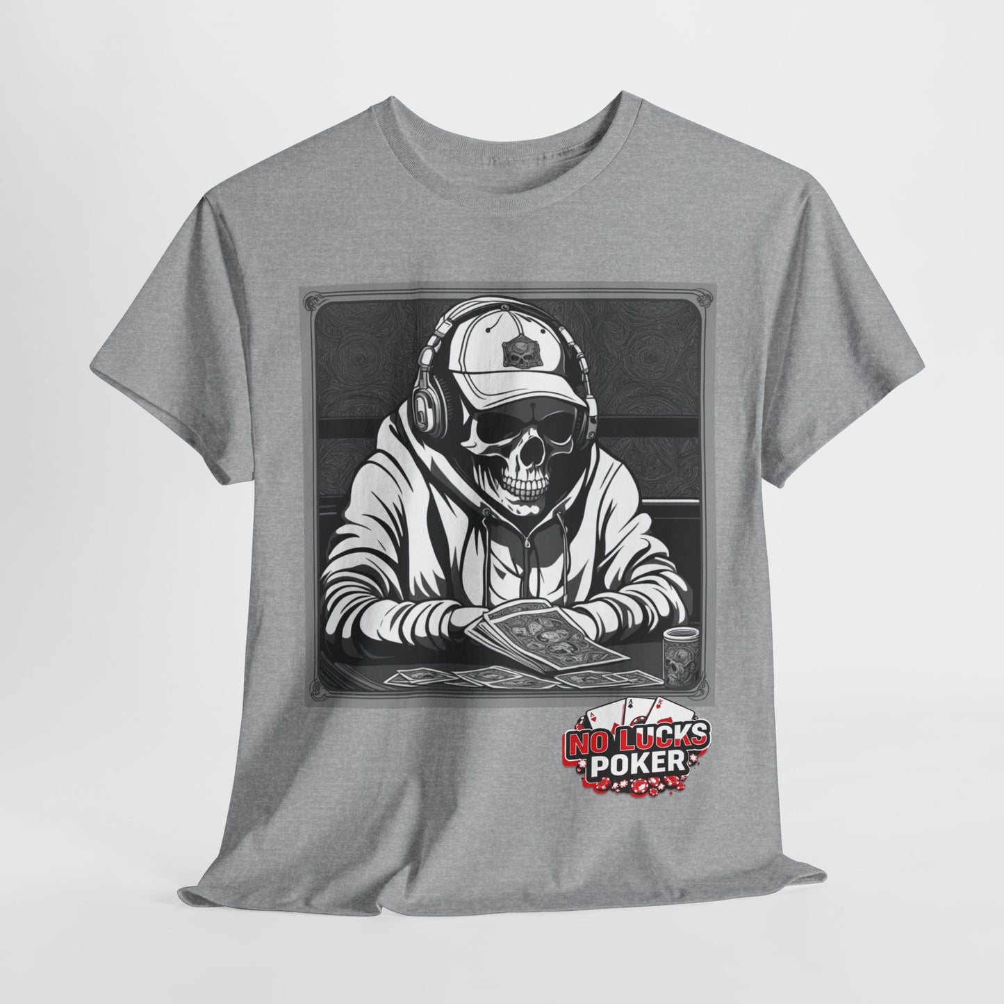 Poker Skull in hoodie and headphones unisex heavy cotton T-shirt No Lucks Given