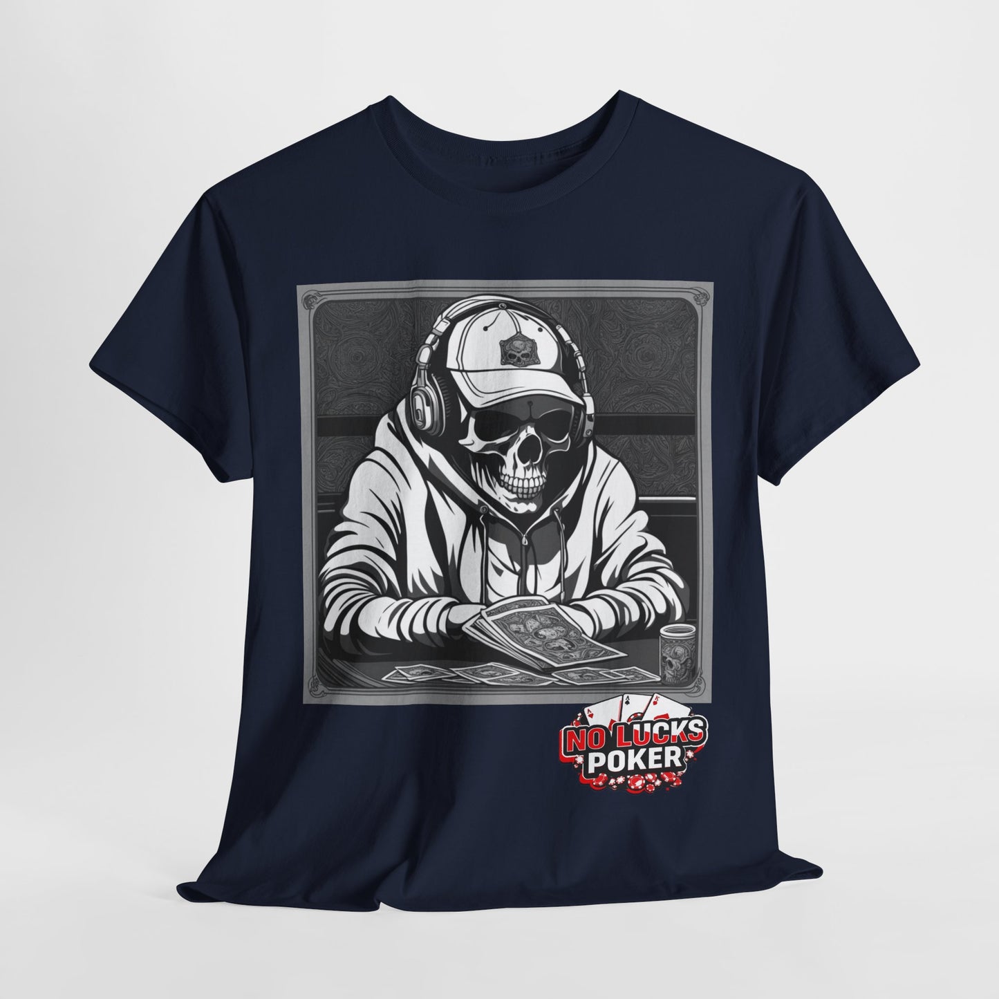 Poker Skull in hoodie and headphones unisex heavy cotton T-shirt No Lucks Given