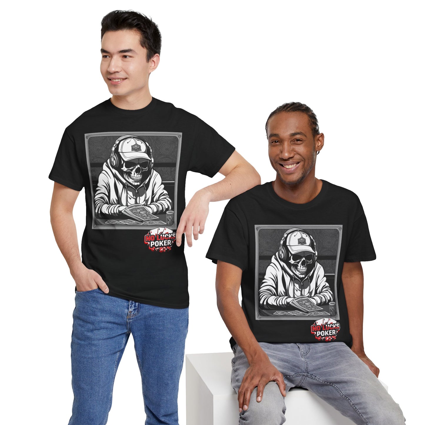 Poker Skull in hoodie and headphones unisex heavy cotton T-shirt No Lucks Given