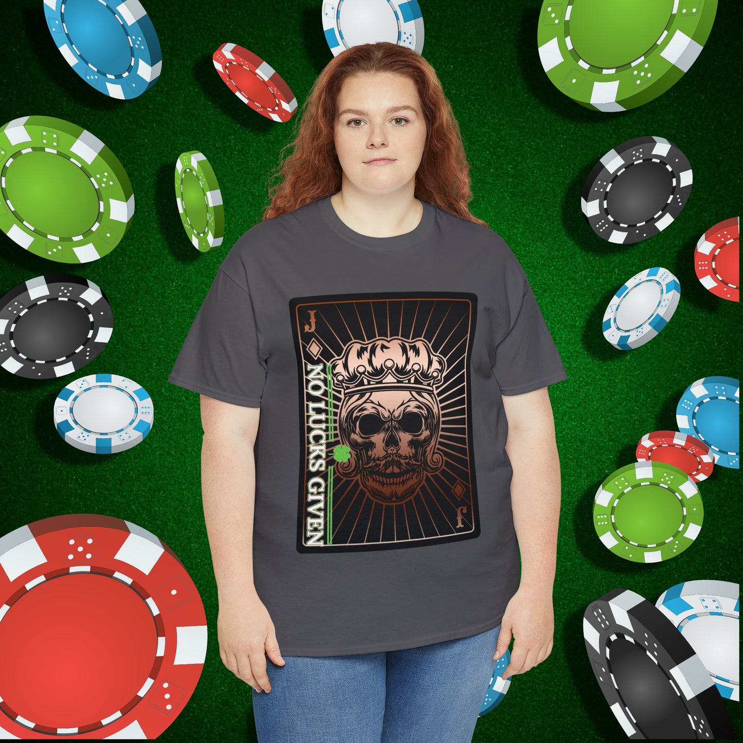 No Lucks Given Jack Skull in Crown of Diamonds Copper Poker T-Shirt Must have Good Luck All-in