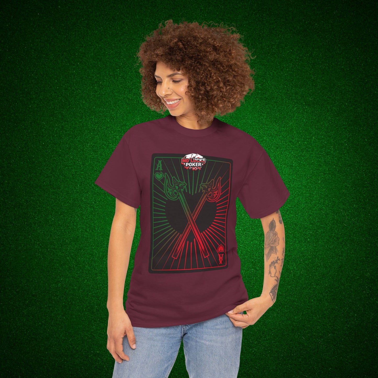 No Lucks Given Ace of Hearts card with two big axes Green Red Poker T-Shirt Must have Good Luck All-in