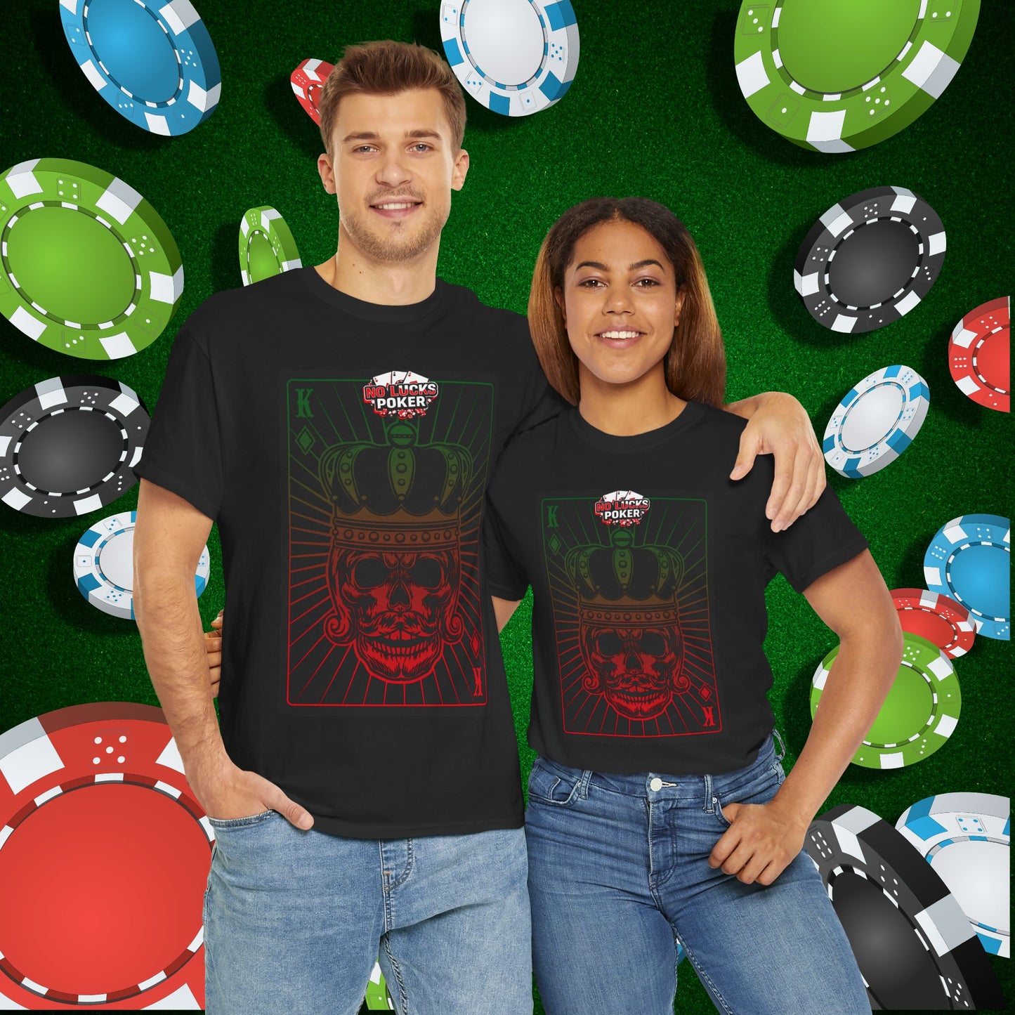 No Lucks Given Royal Skull King of Diamonds Red and Green Poker T-Shirt Must have Good Luck All-in