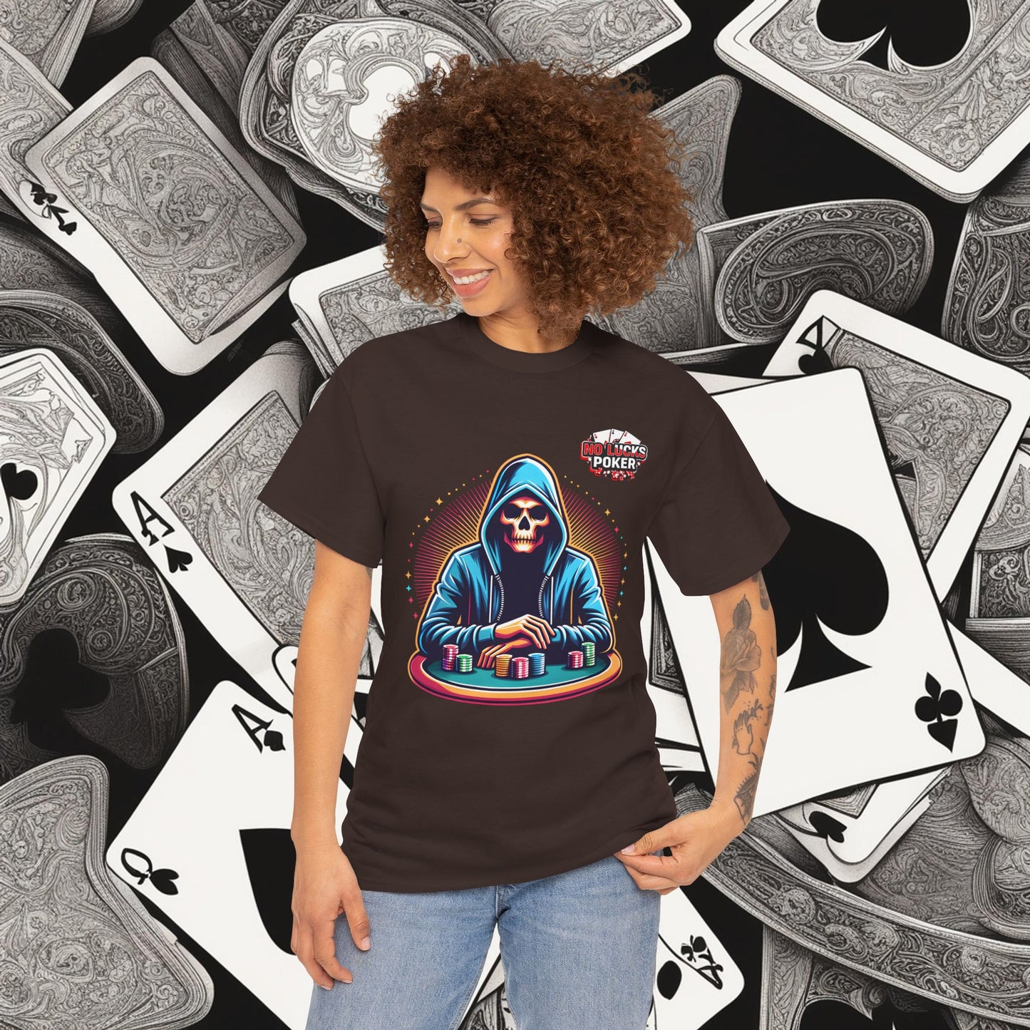 Poker Player with Skull at Poker Table 0 Lucks Given Unisex heavy cotton tee Poker Apparel