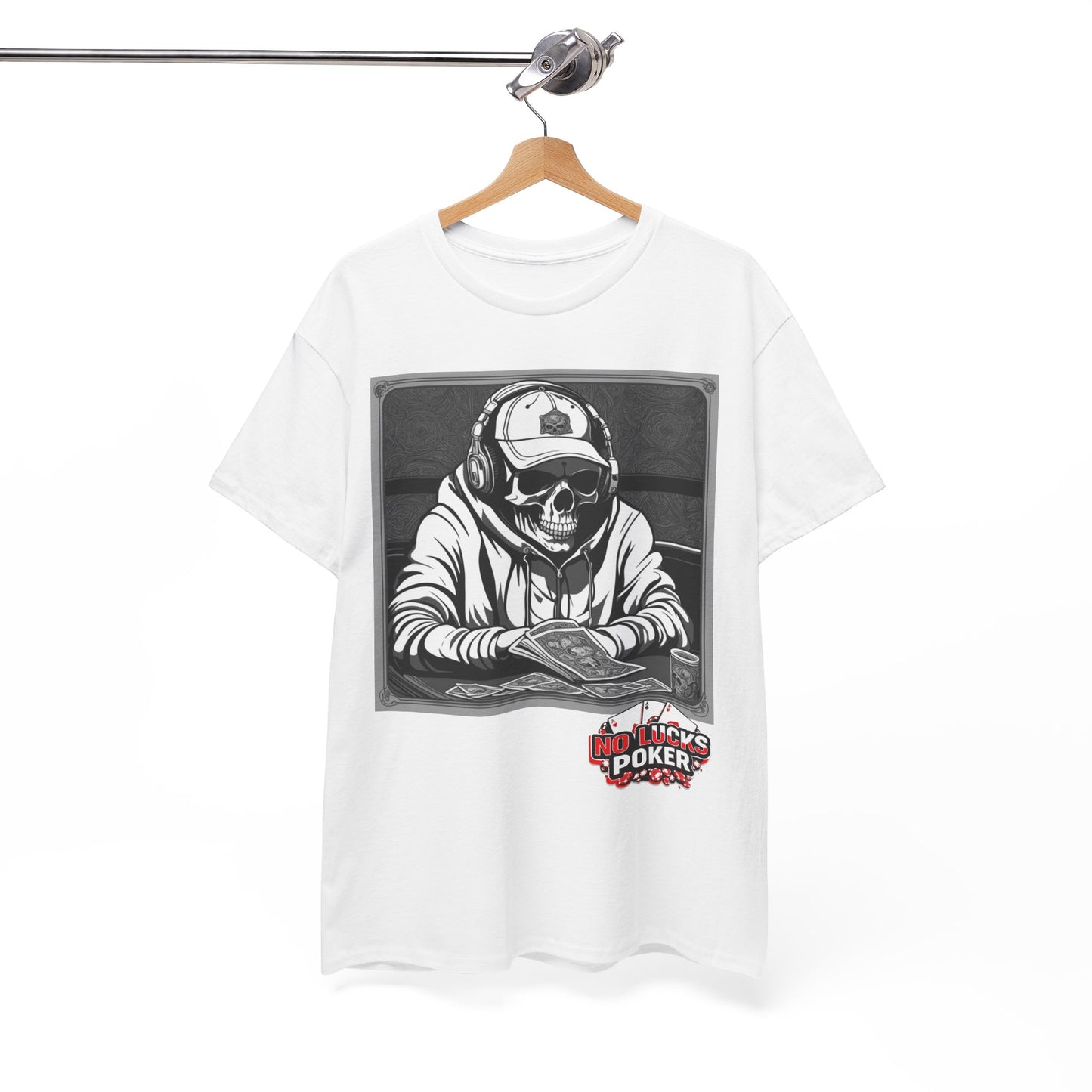 Poker Skull in hoodie and headphones unisex heavy cotton T-shirt No Lucks Given