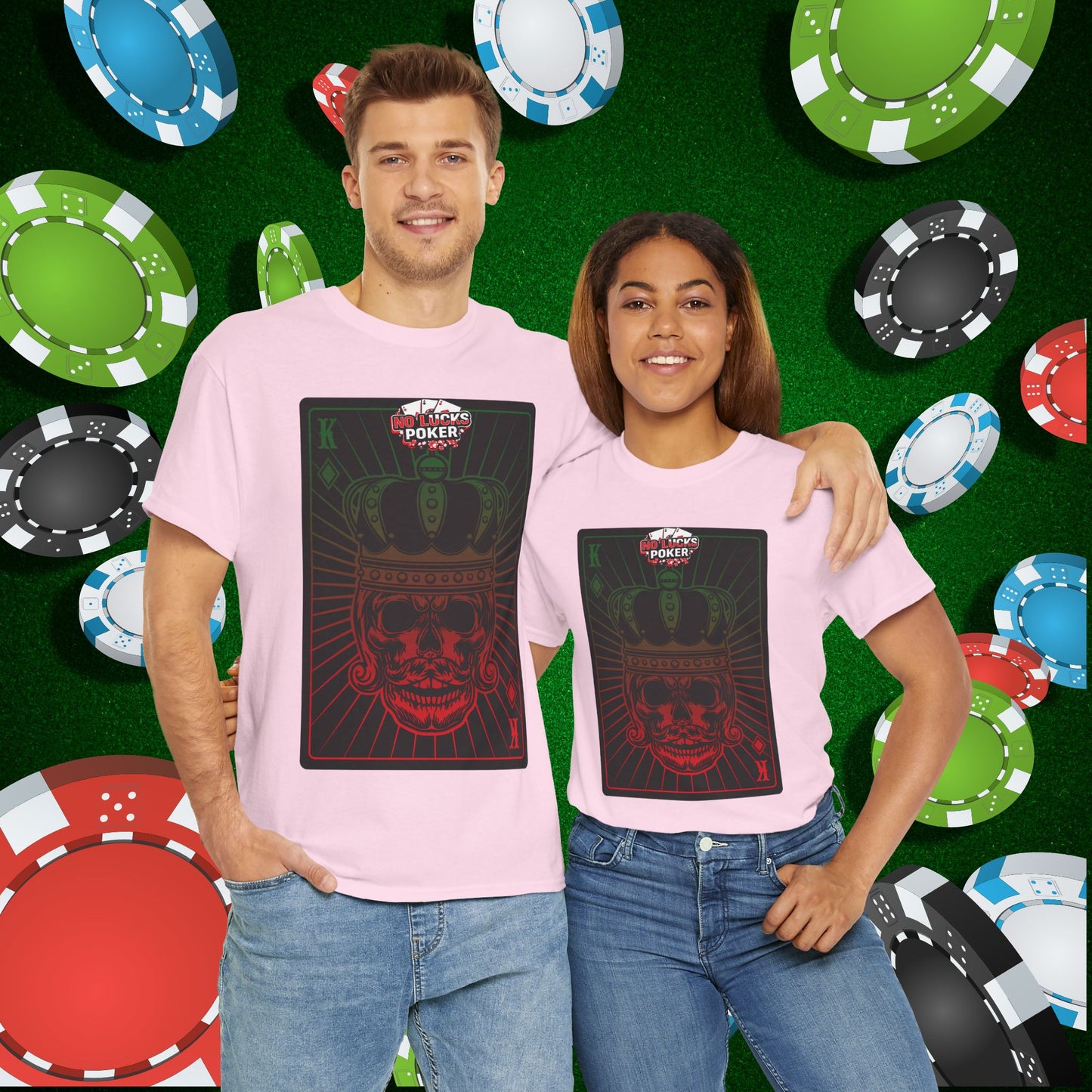 No Lucks Given Royal Skull King of Diamonds Red and Green Poker T-Shirt Must have Good Luck All-in