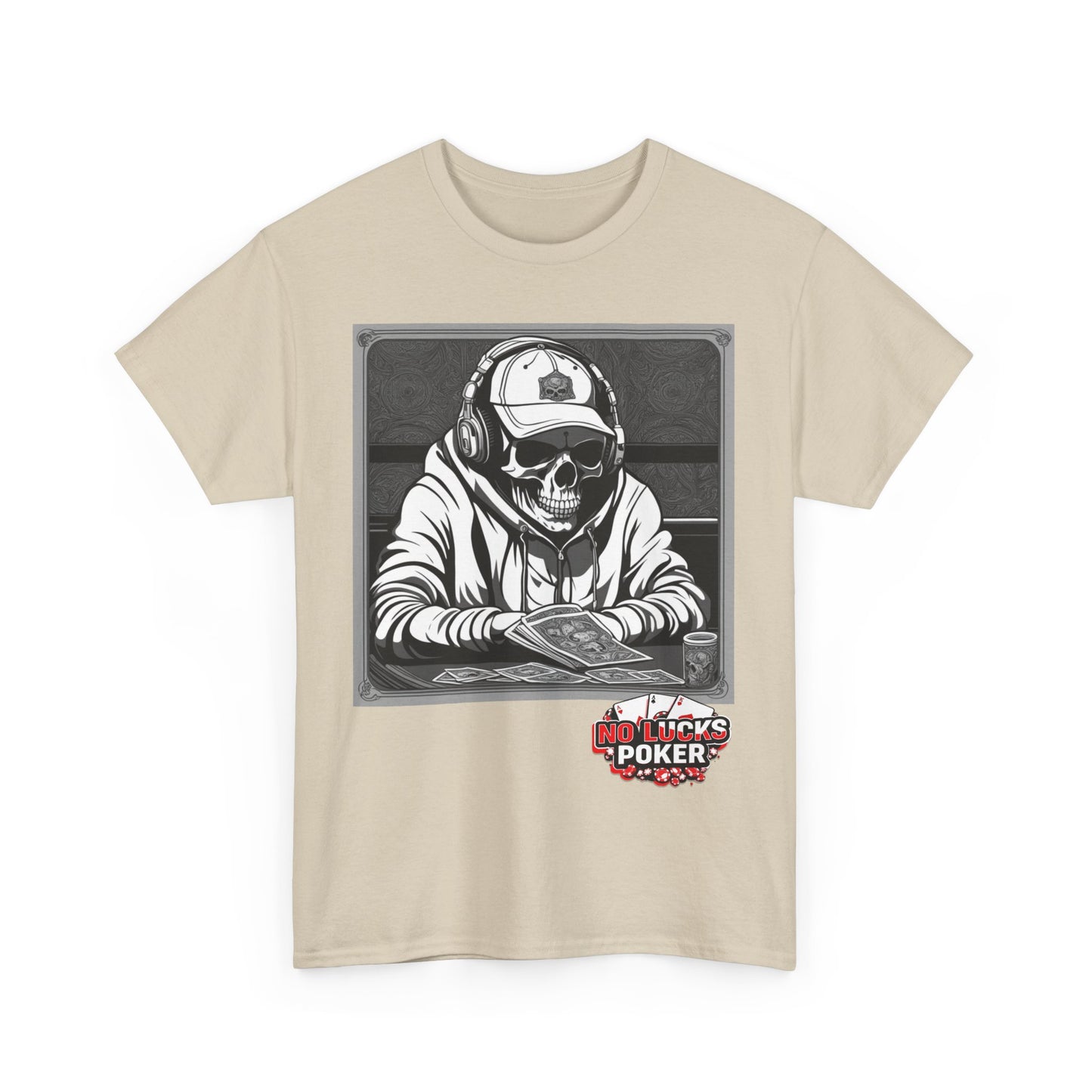 Poker Skull in hoodie and headphones unisex heavy cotton T-shirt No Lucks Given