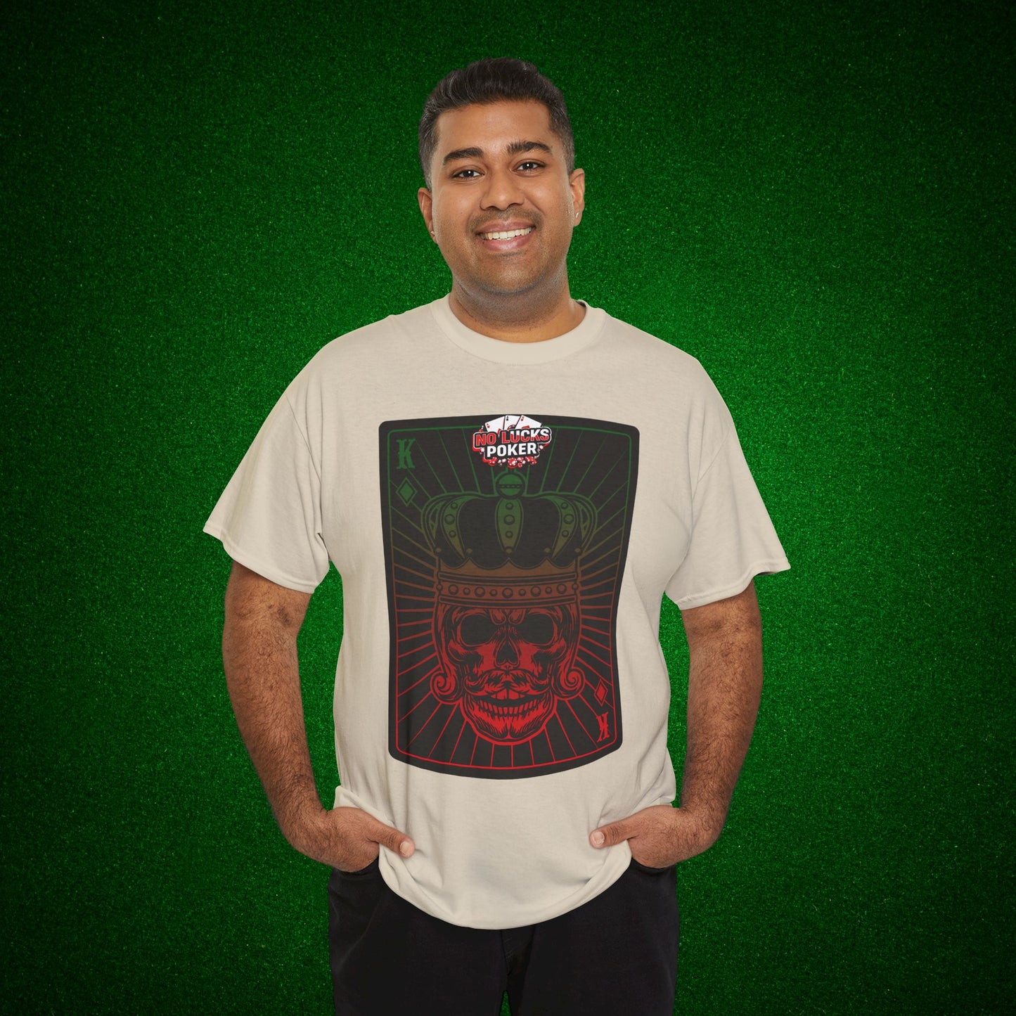 No Lucks Given Royal Skull King of Diamonds Red and Green Poker T-Shirt Must have Good Luck All-in