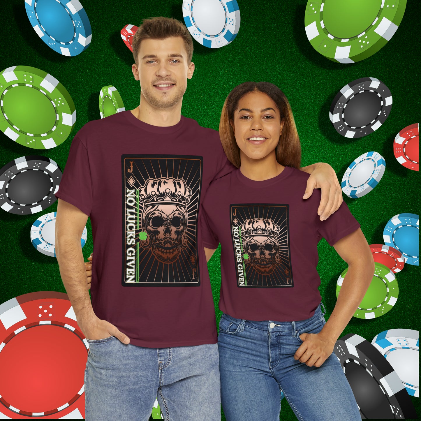No Lucks Given Jack Skull in Crown of Diamonds Copper Poker T-Shirt Must have Good Luck All-in