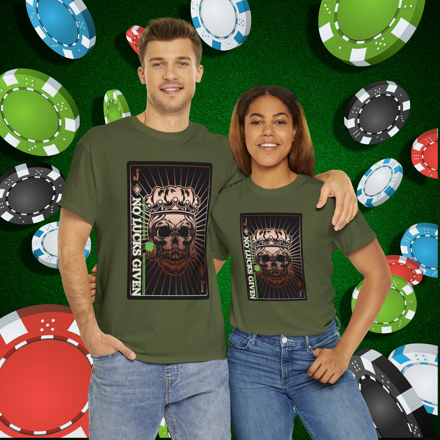 No Lucks Given Jack Skull in Crown of Diamonds Copper Poker T-Shirt Must have Good Luck All-in