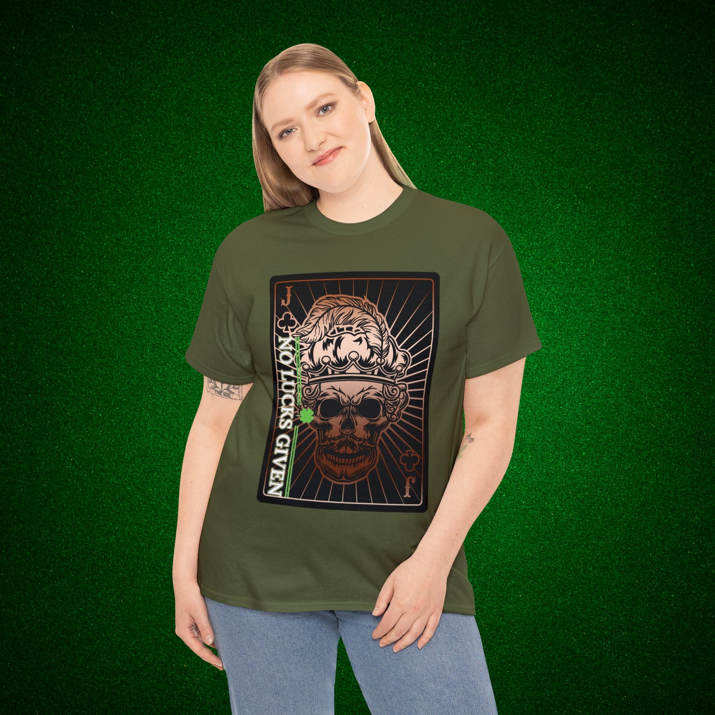No Lucks Given Jack Skull in Crown of Clubs Copper Poker T-Shirt Must have Good Luck All-in