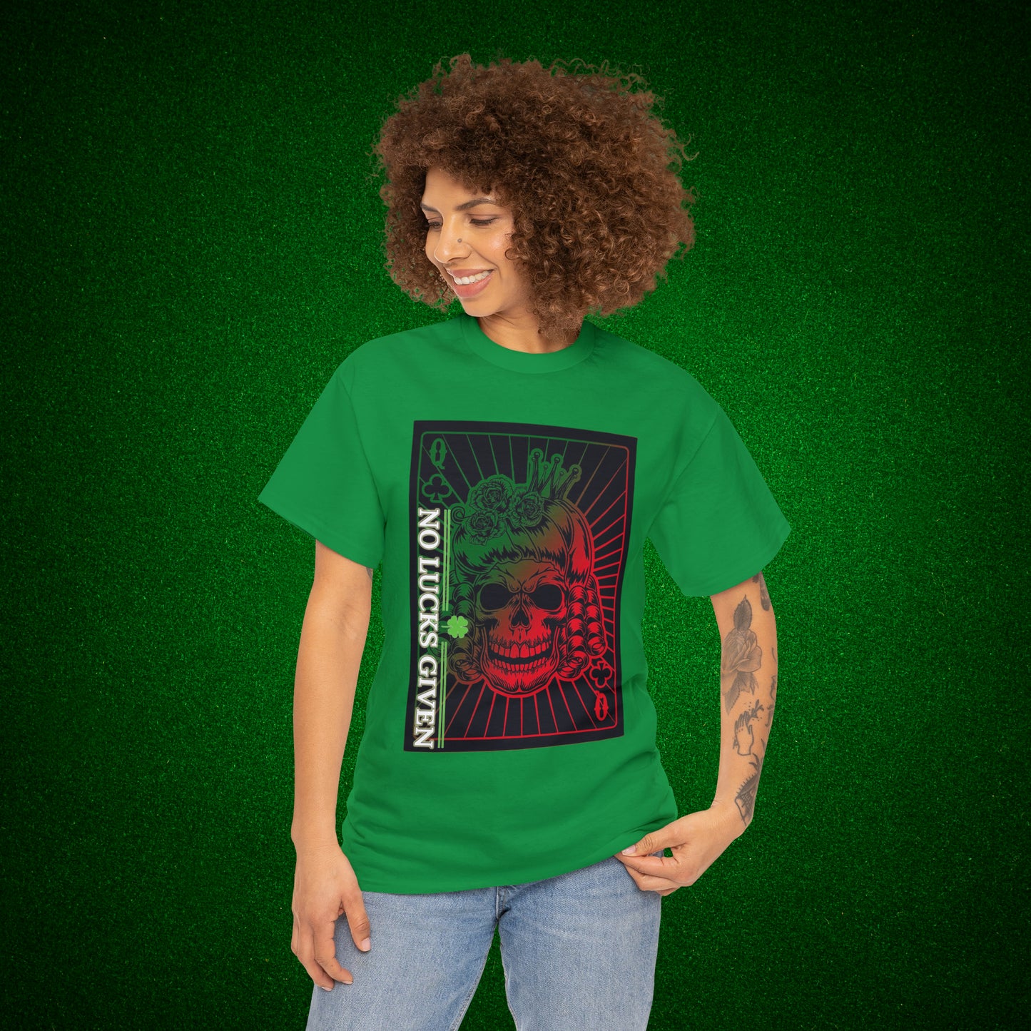 No Lucks Given Angry Queen of Clubs Green Red Poker T-Shirt Must have Good Luck All-in