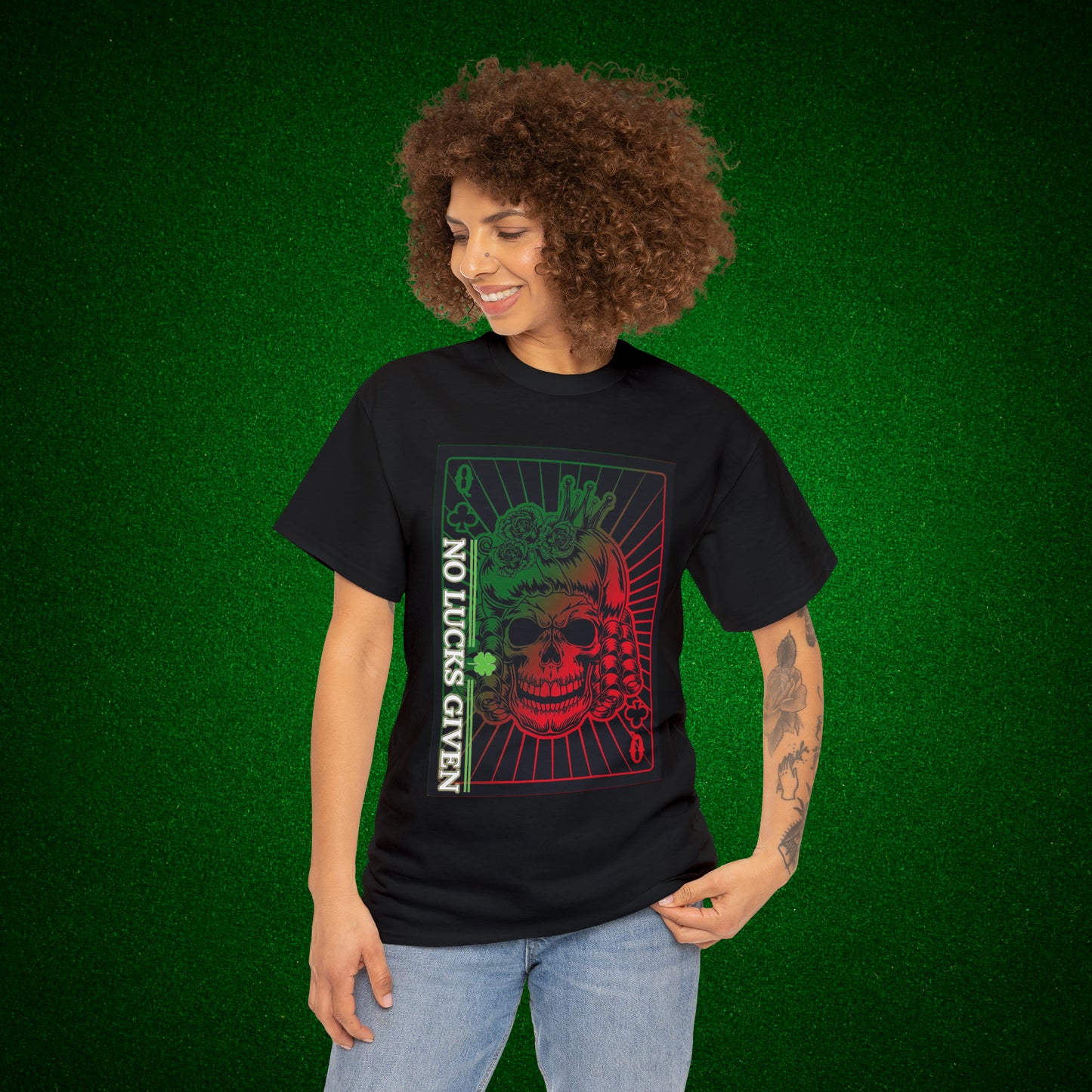 No Lucks Given Angry Queen of Clubs Green Red Poker T-Shirt Must have Good Luck All-in