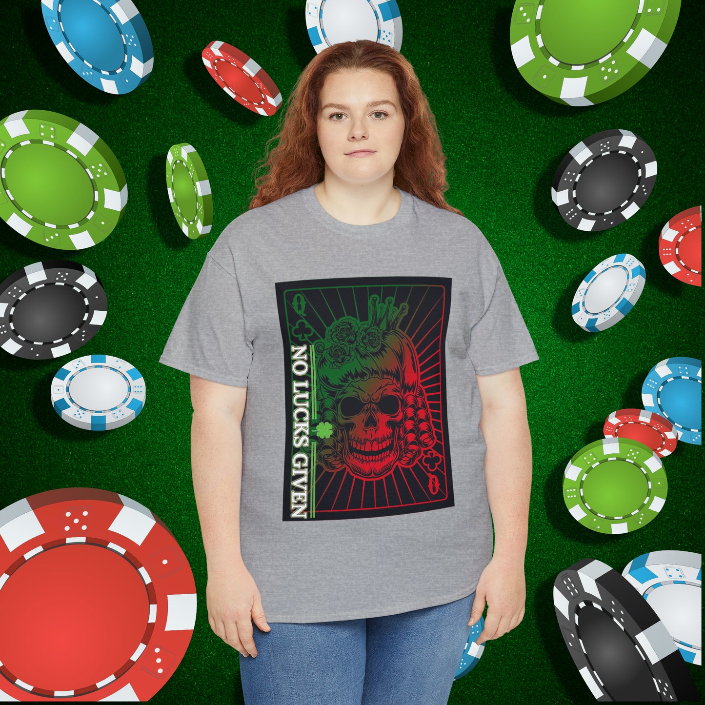 No Lucks Given Angry Queen of Clubs Green Red Poker T-Shirt Must have Good Luck All-in