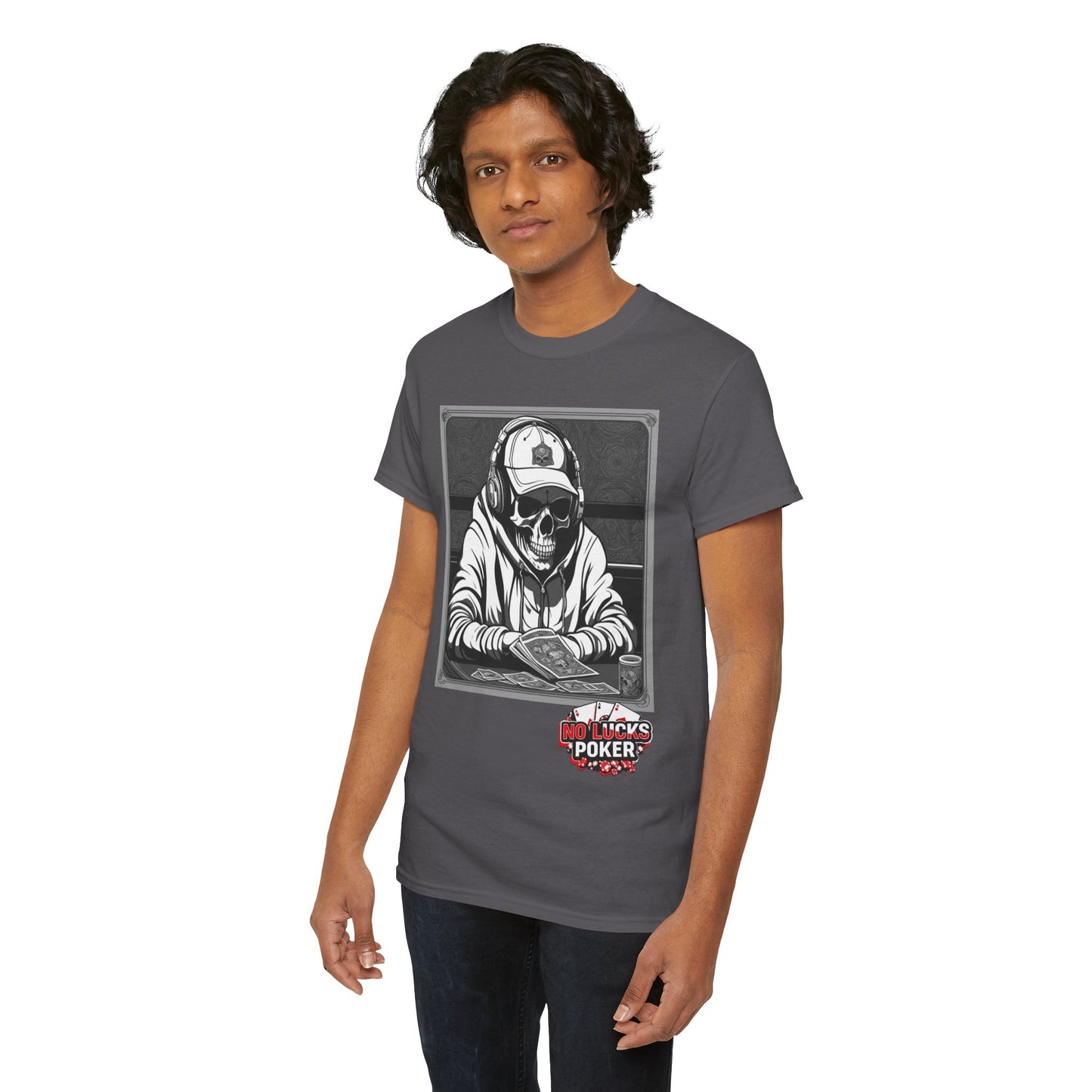 Poker Skull in hoodie and headphones unisex heavy cotton T-shirt No Lucks Given