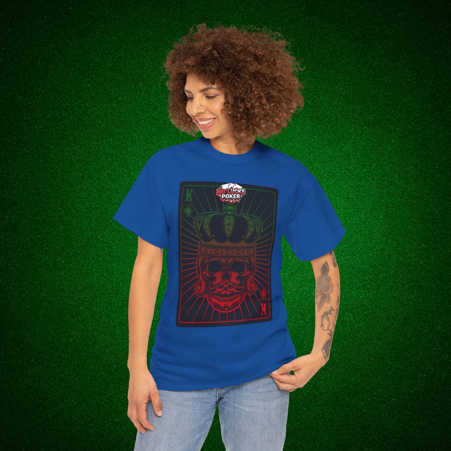 No Lucks Given Royal Skull King of Diamonds Red and Green Poker T-Shirt Must have Good Luck All-in