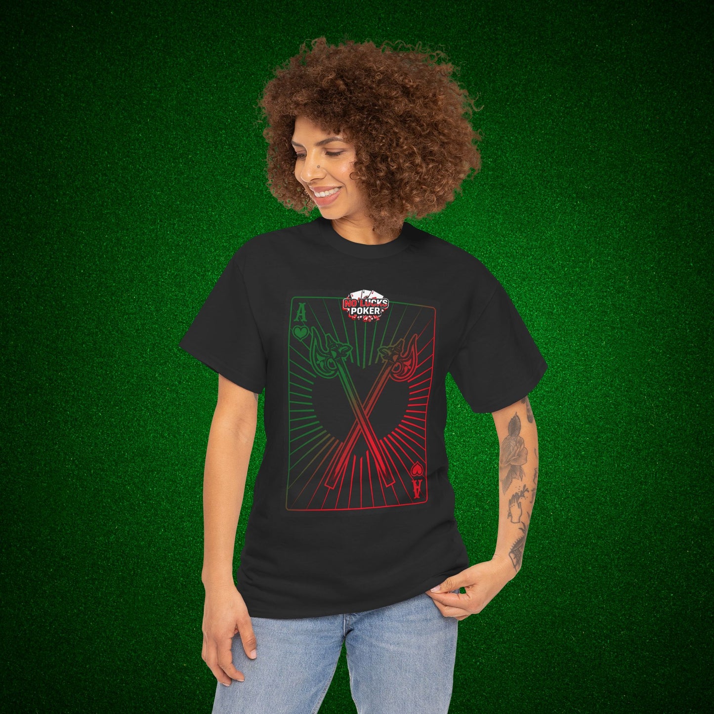 No Lucks Given Ace of Hearts card with two big axes Green Red Poker T-Shirt Must have Good Luck All-in