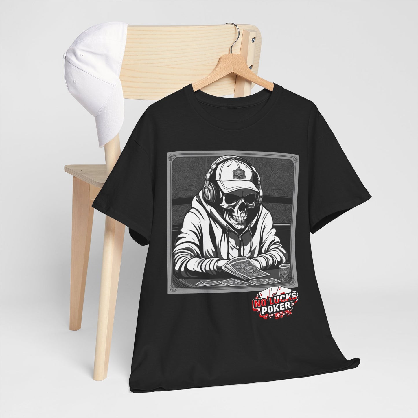 Poker Skull in hoodie and headphones unisex heavy cotton T-shirt No Lucks Given