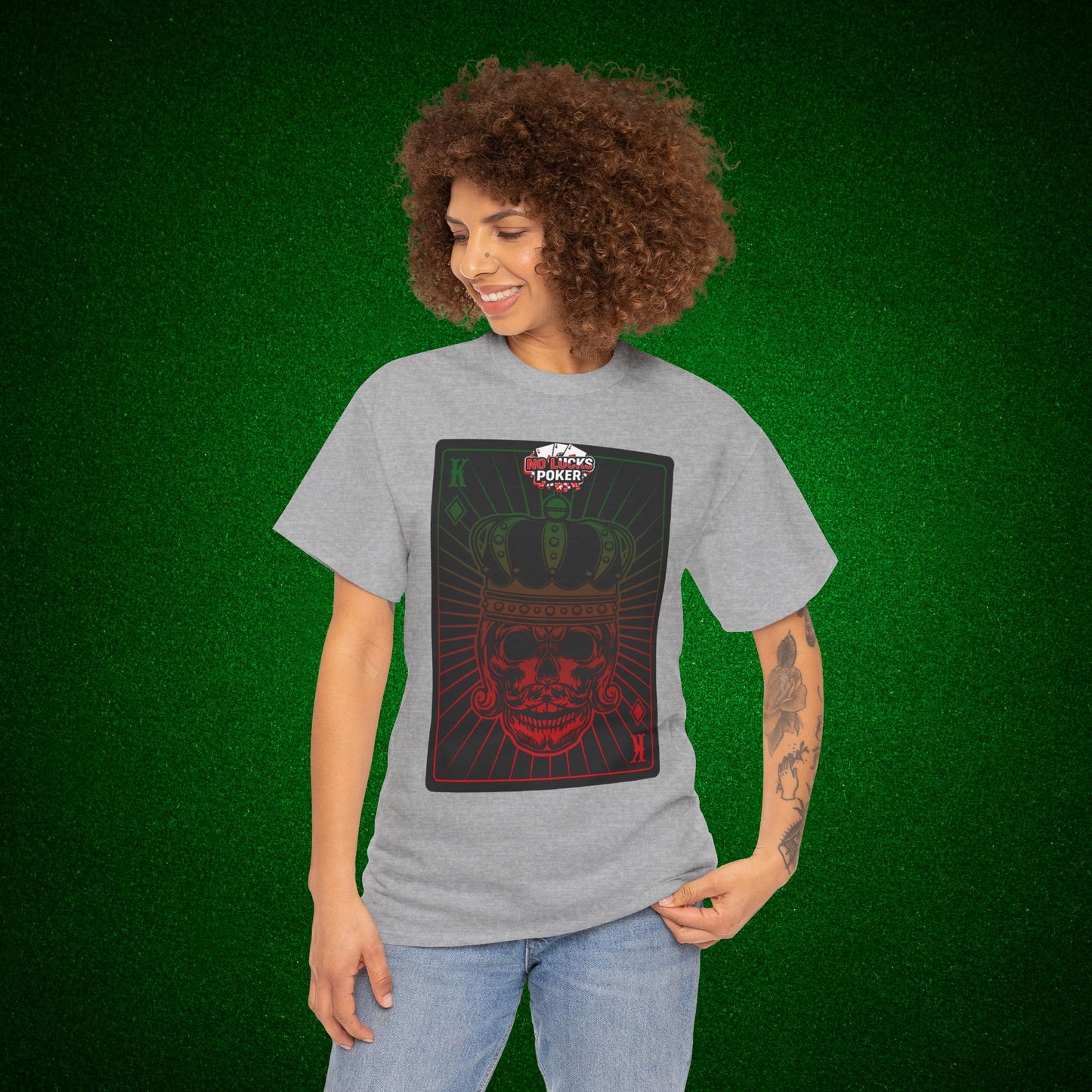 No Lucks Given Royal Skull King of Diamonds Red and Green Poker T-Shirt Must have Good Luck All-in