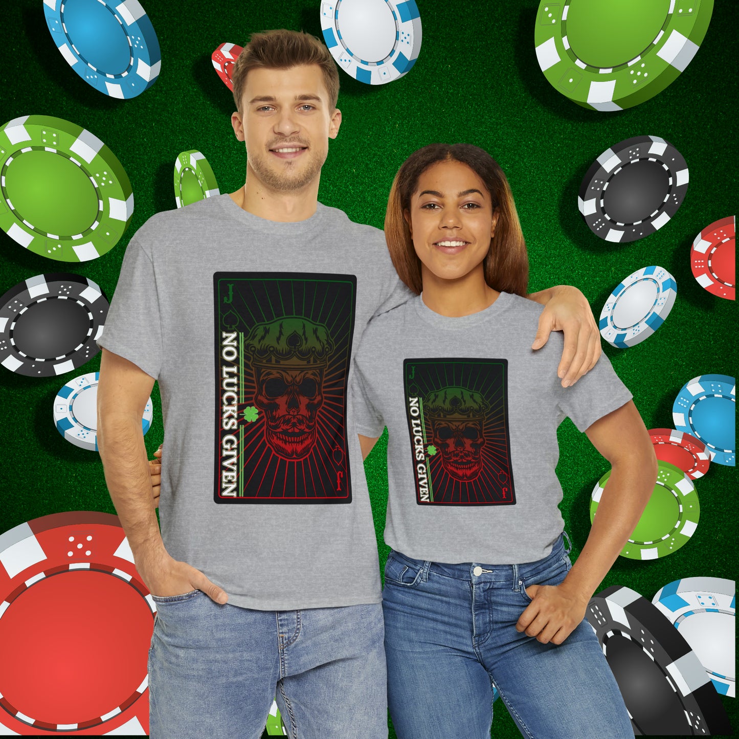 No Lucks Given Jack Skull in Crown of Spades Green Red Poker T-Shirt Must have Good Luck All-in