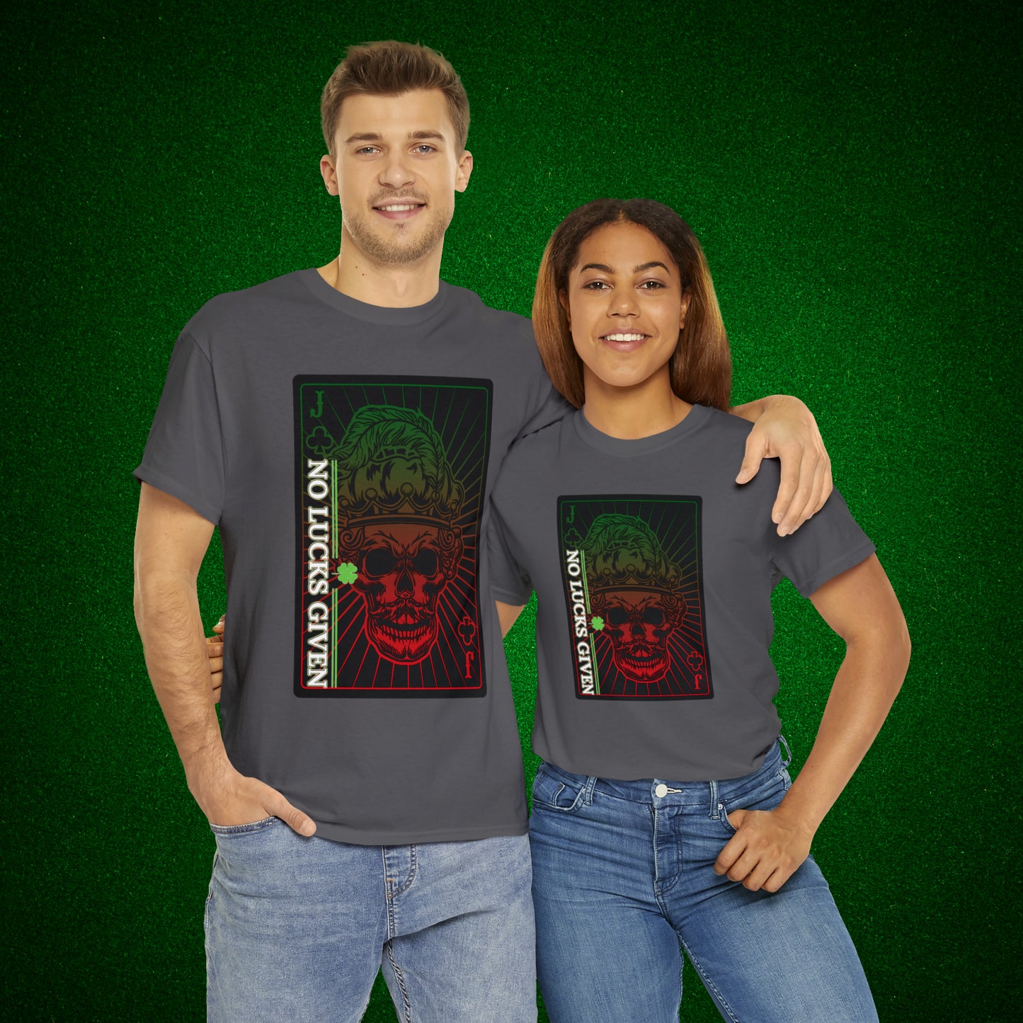 No Lucks Given Jack Skull in Crown of Clubs Green Red Poker T-Shirt Must have Good Luck All-in