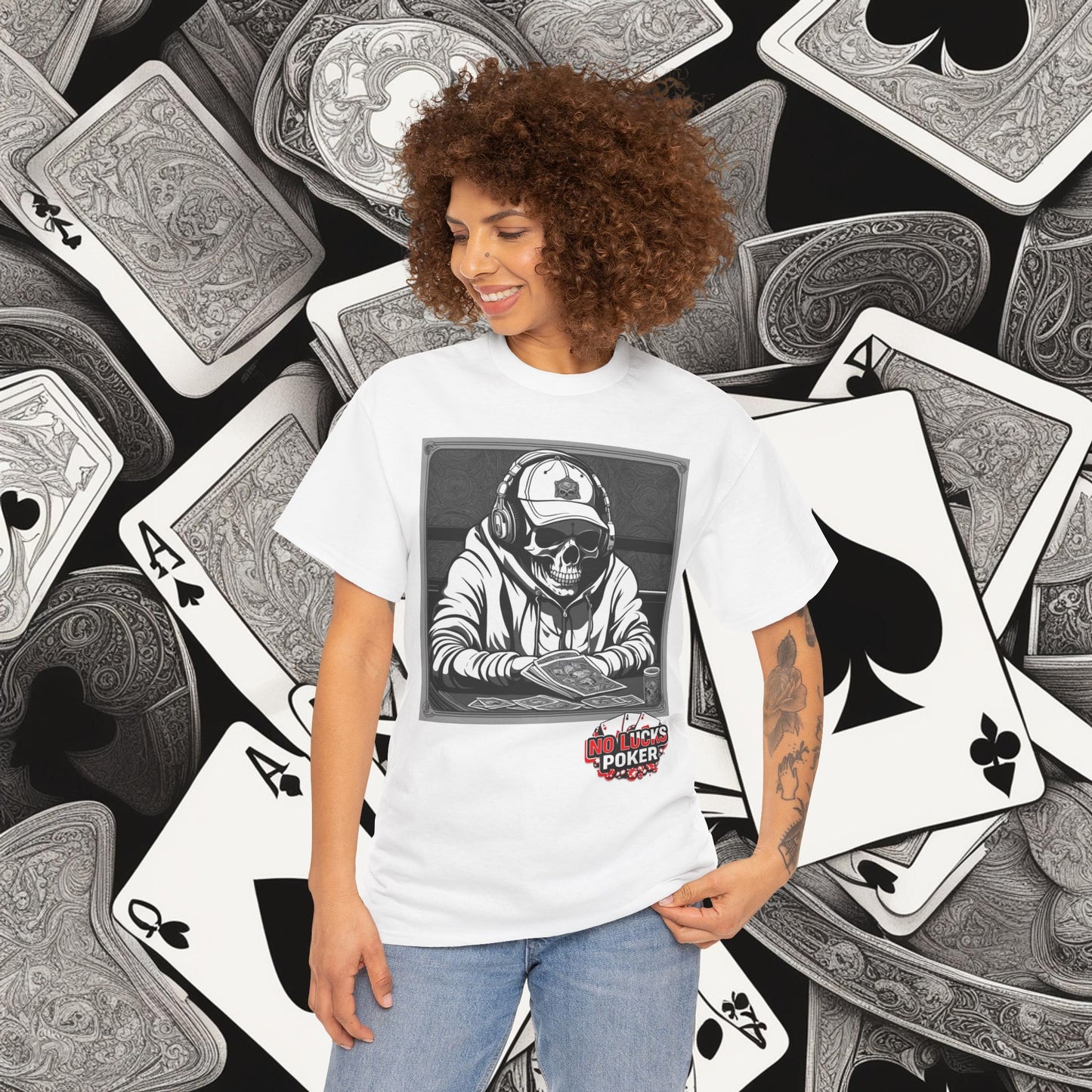 Poker Skull in hoodie and headphones unisex heavy cotton T-shirt No Lucks Given