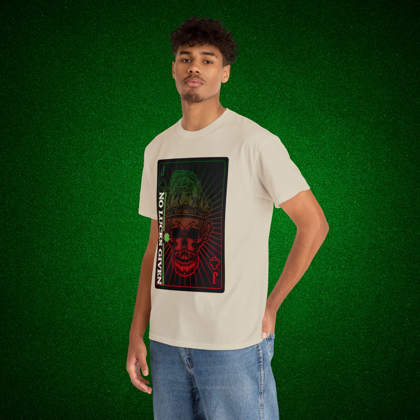 No Lucks Given Jack Skull in Crown of Clubs Green Red Poker T-Shirt Must have Good Luck All-in