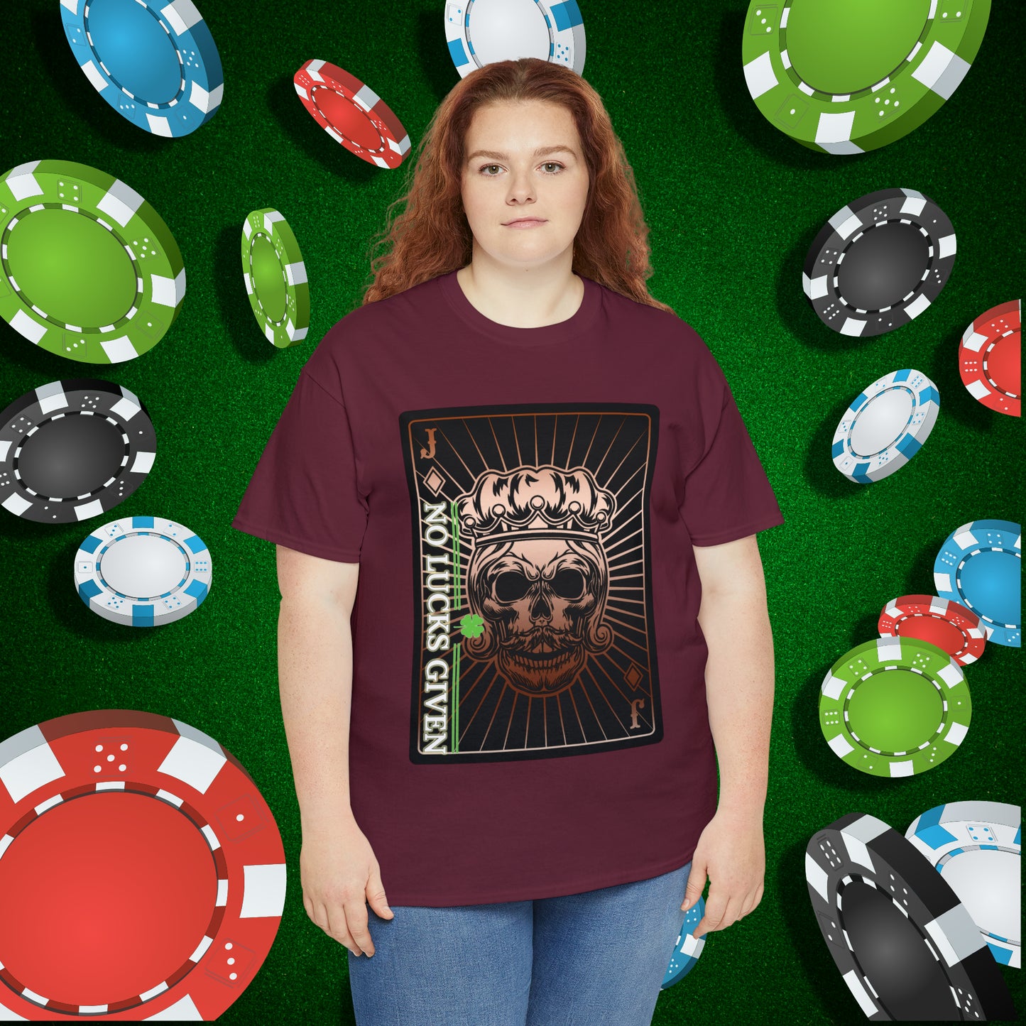 No Lucks Given Jack Skull in Crown of Diamonds Copper Poker T-Shirt Must have Good Luck All-in