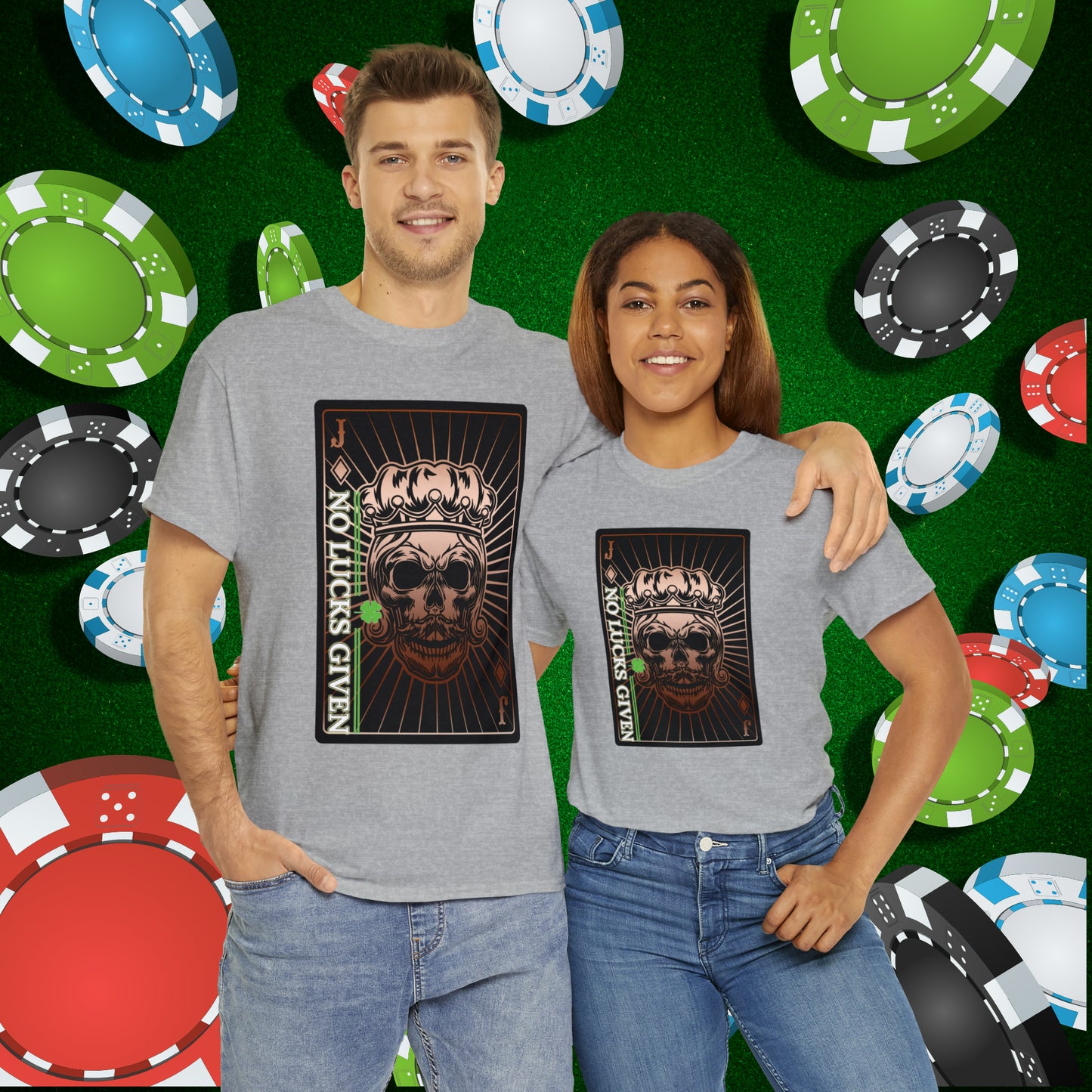 No Lucks Given Jack Skull in Crown of Diamonds Copper Poker T-Shirt Must have Good Luck All-in