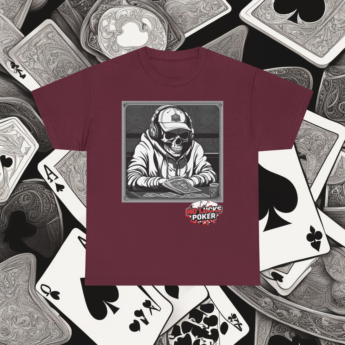 Poker Skull in hoodie and headphones unisex heavy cotton T-shirt No Lucks Given